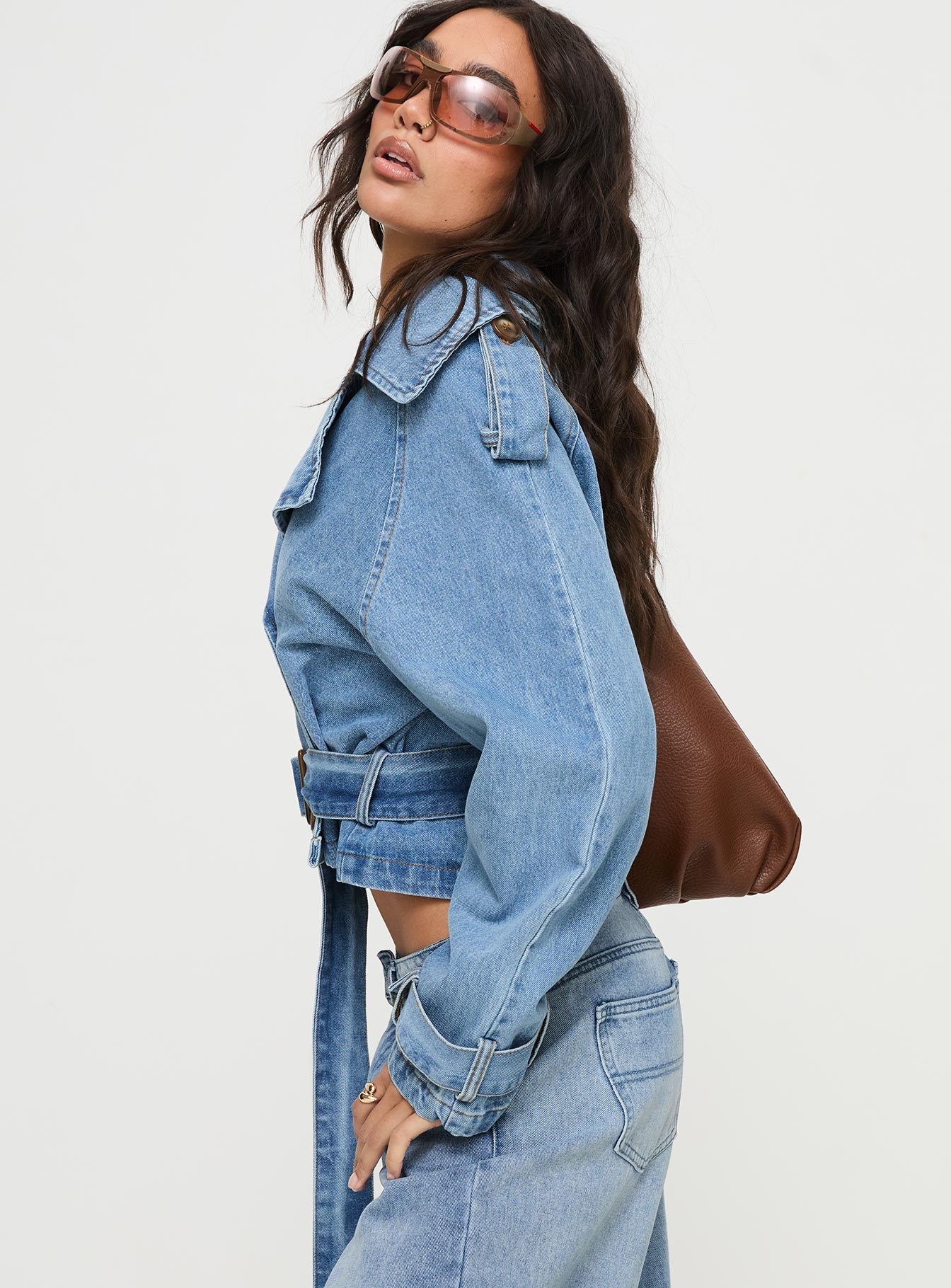 Aurelio Cropped Denim Trench Coat Light Denim Wash - Image 3