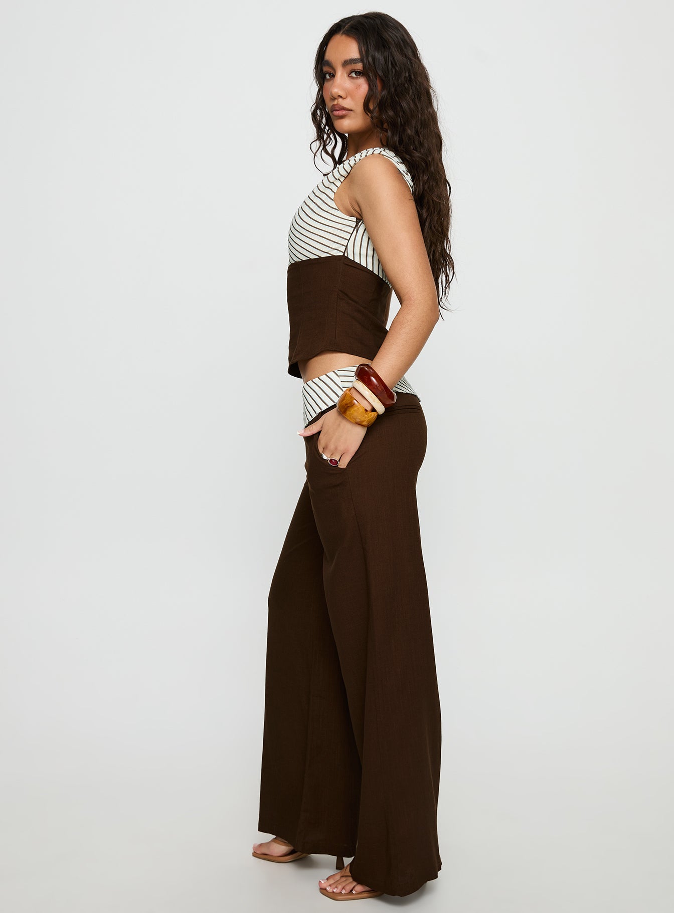 Past Life Fold Over Waistband Pant Brown / Stripe - Image 4