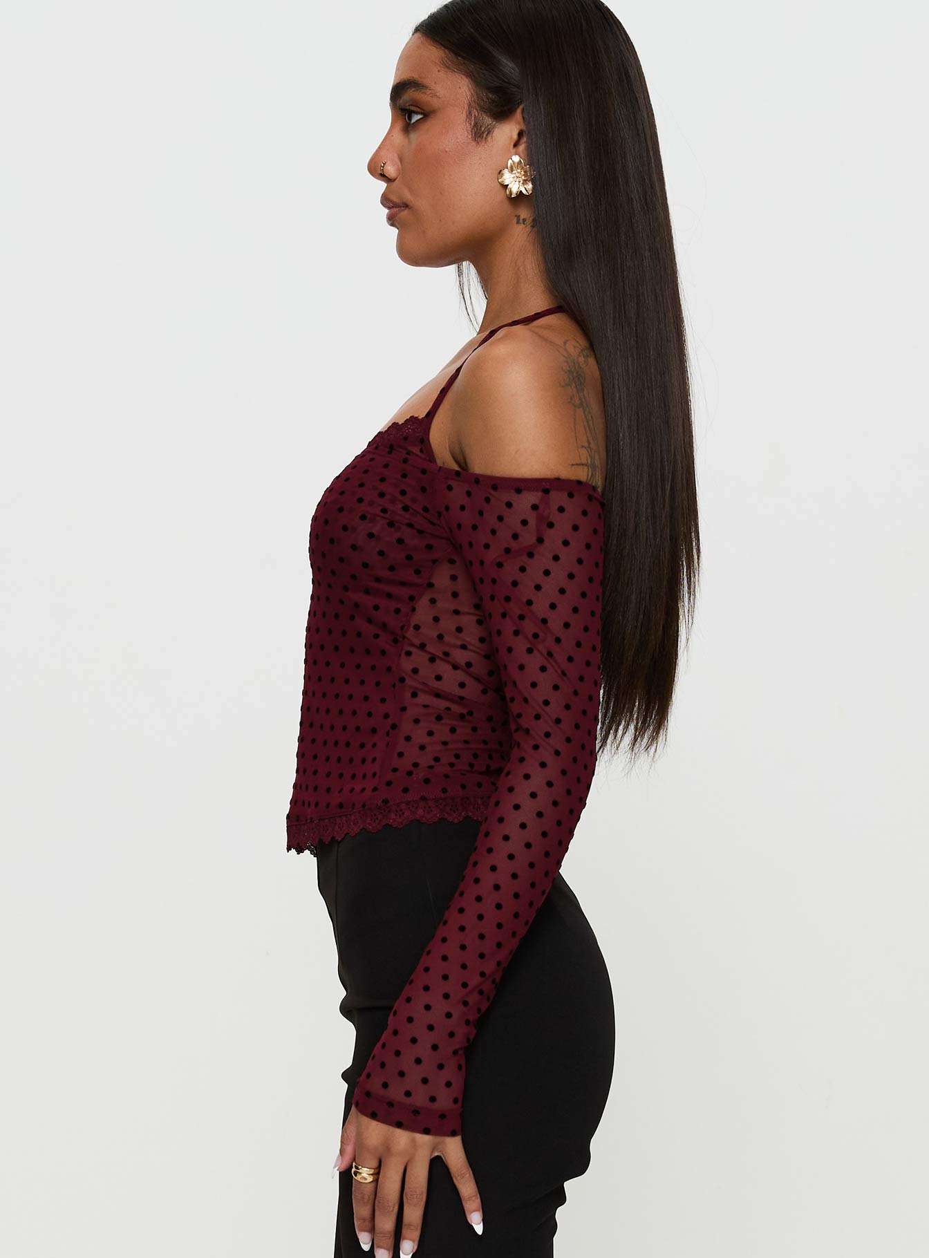 On My Side Off Shoulder Tie Neck Top Burgundy - Image 3