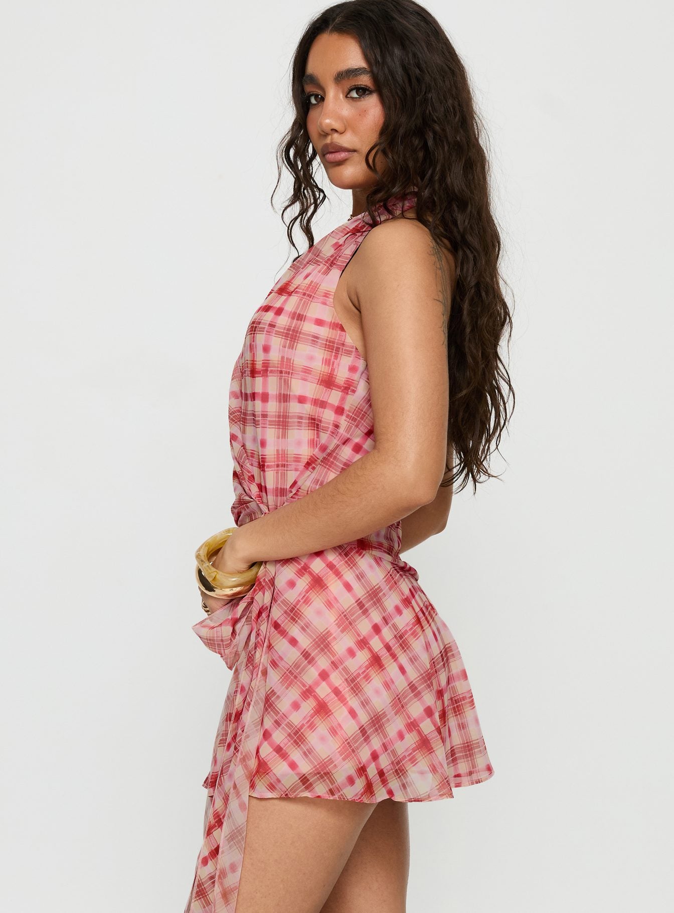 Brissa Halter Wrap Mini Dress Brown Orange Multi - Image 3