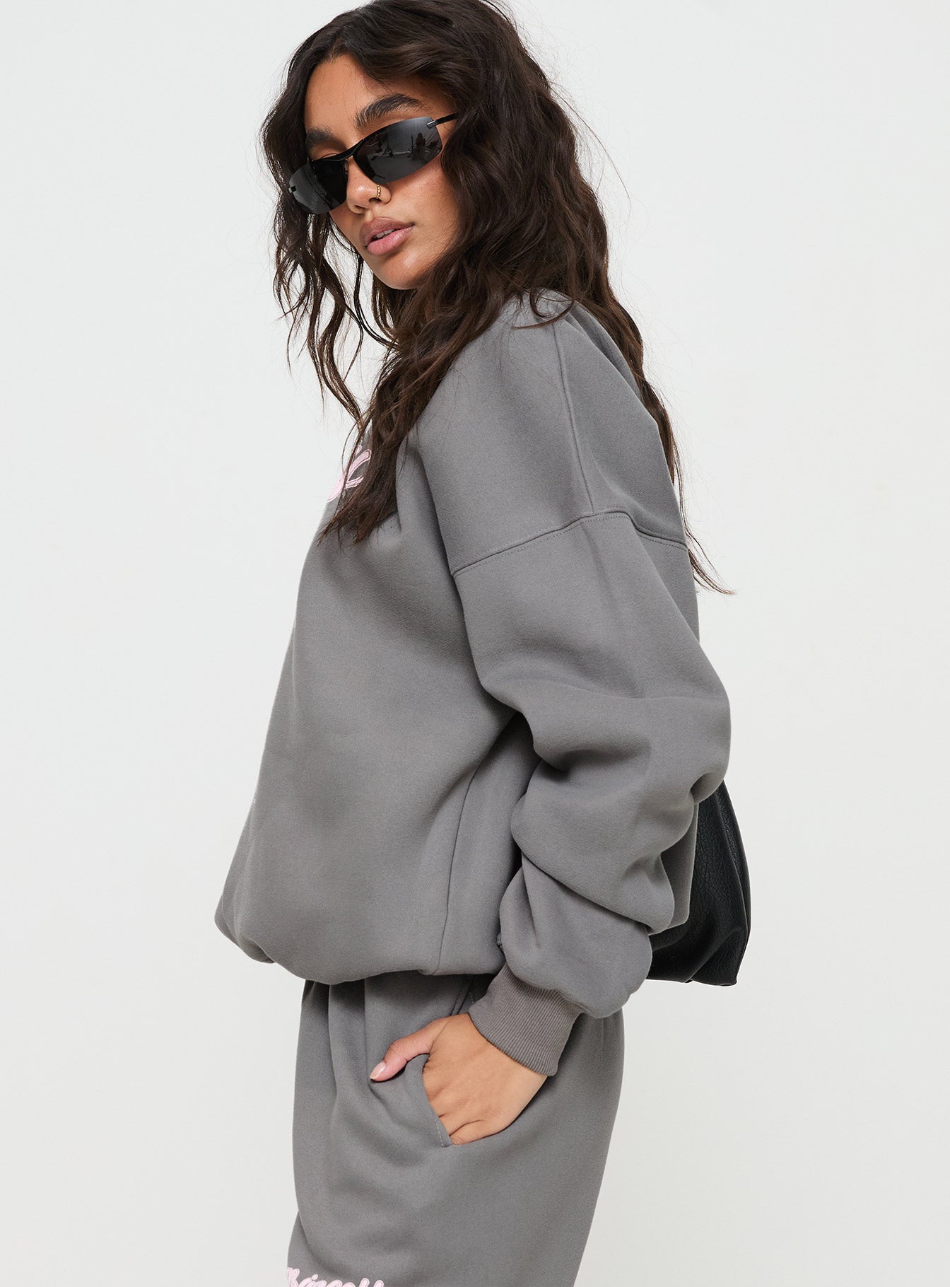 Princess Polly Crew Neck Sweatshirt Puff Text Charcoal - Image 4