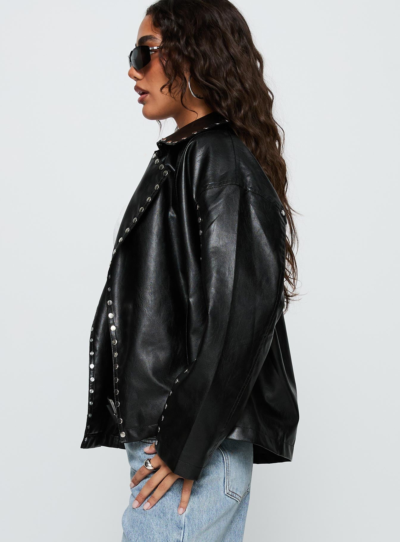 Kaeden Faux Leather Stud Detail Biker Jacket Black - Image 4