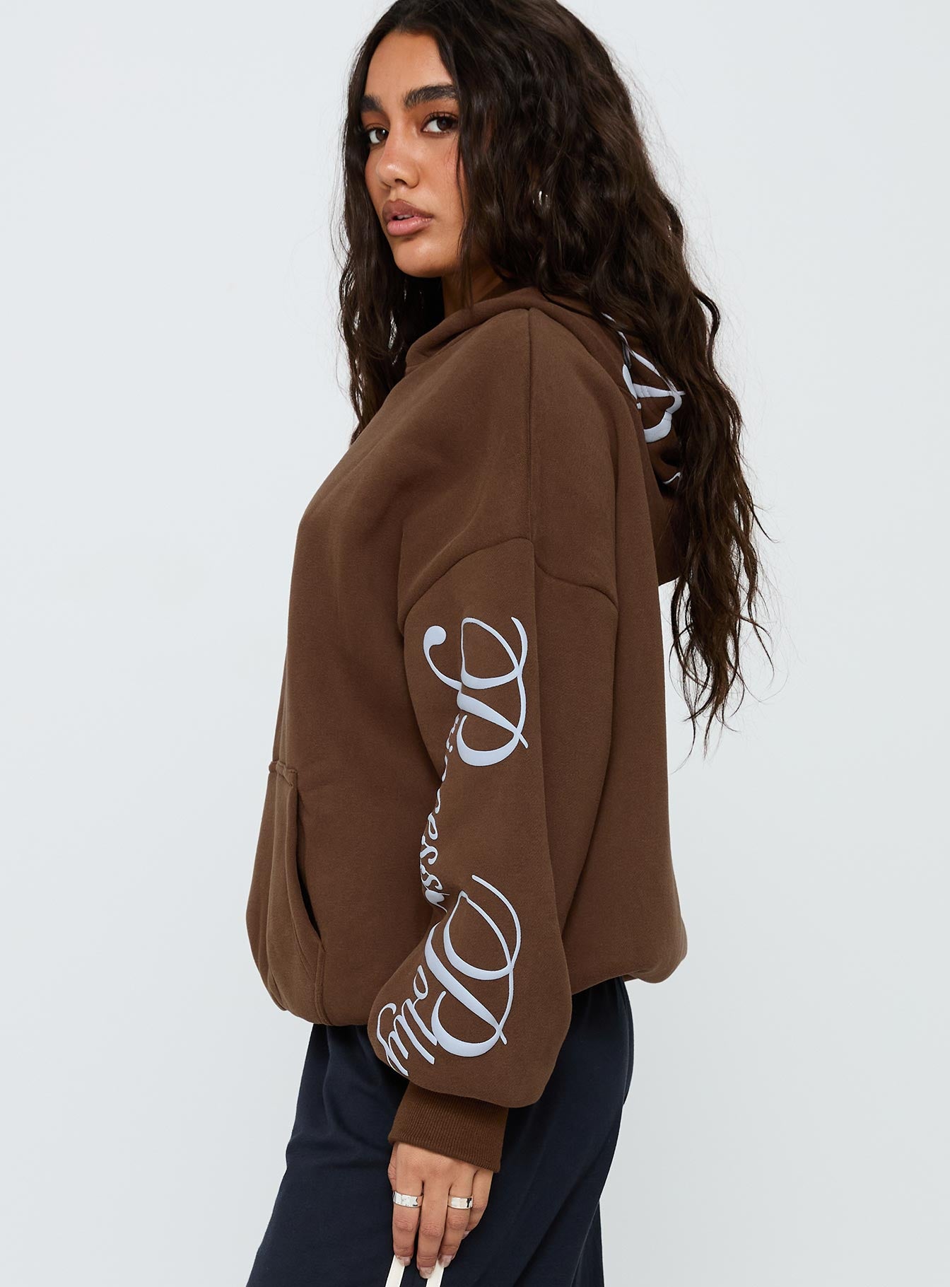 Princess Polly Script Text Graphic Hoodie Brown / Blue - Image 4