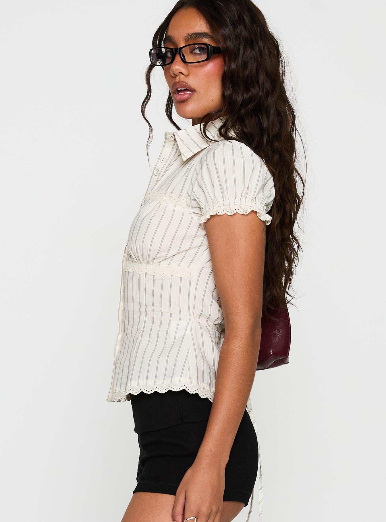 Deserve You Puff Sleeve Button Front Top Cream Stripe - Image 4
