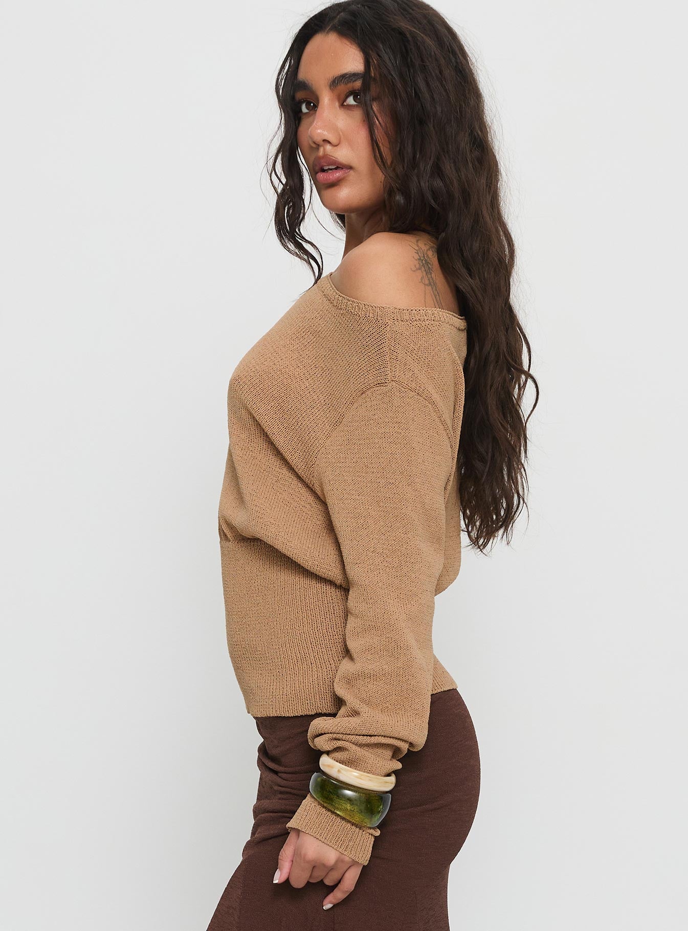 Xaria Off Shoulder Knit Sweater Tan - Image 4