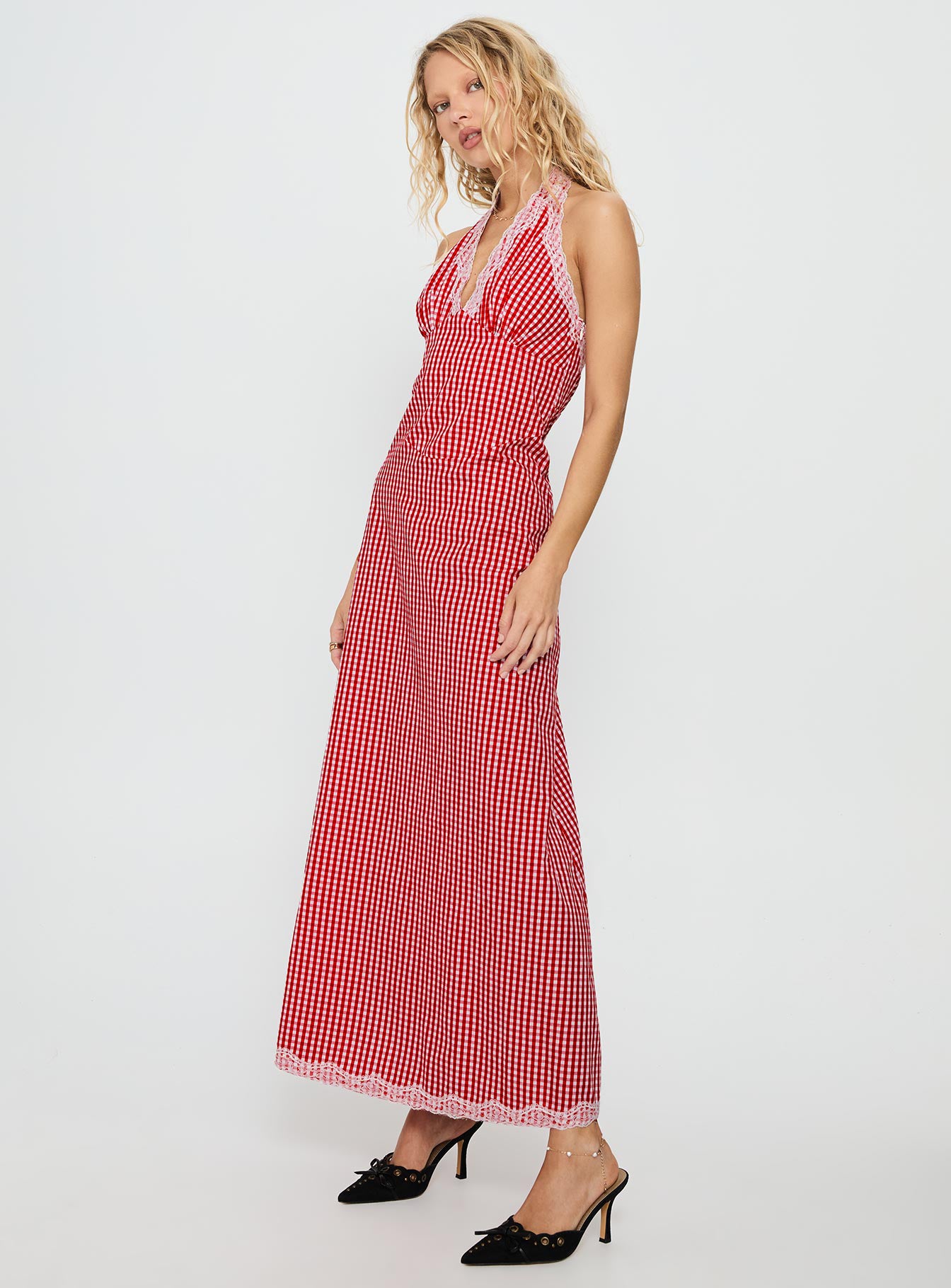 Betsie Halter Lace Maxi Dress Red Gingham - Image 4