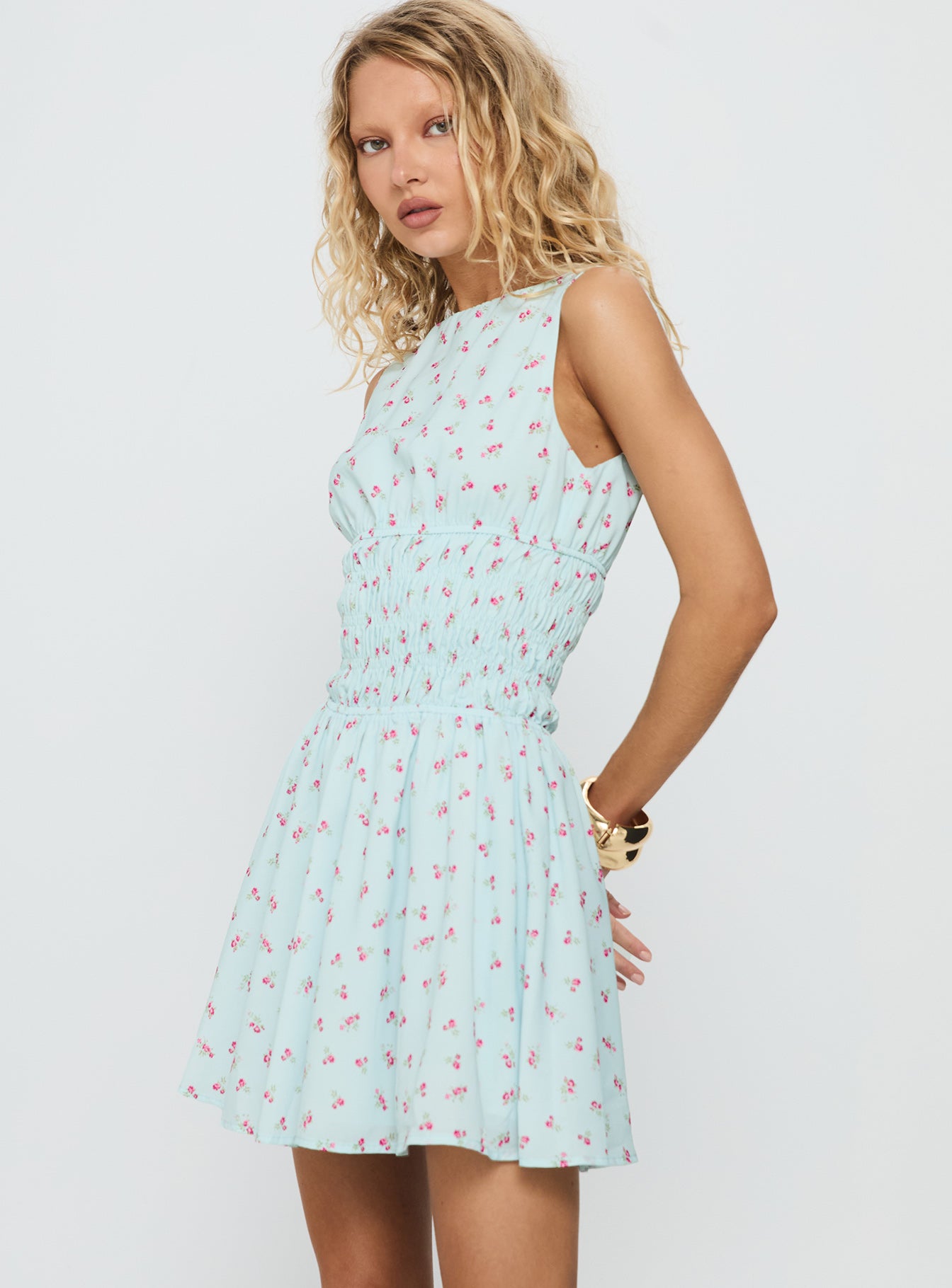 Alonah Shirred Mini Dress Blue Floral - Image 3