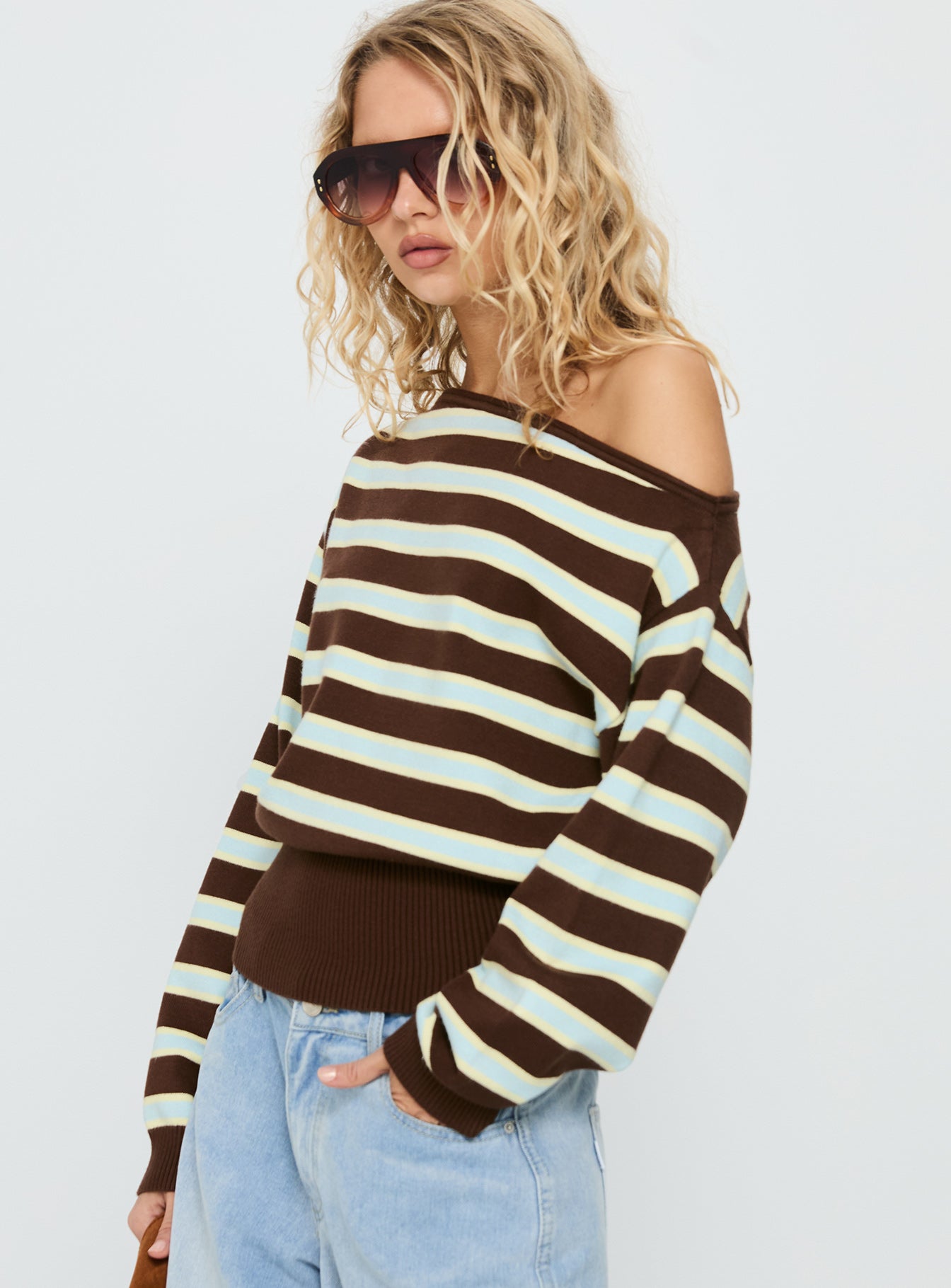 Zinia Off Shoulder Knit Sweater Brown / Blue Stripe - Image 4