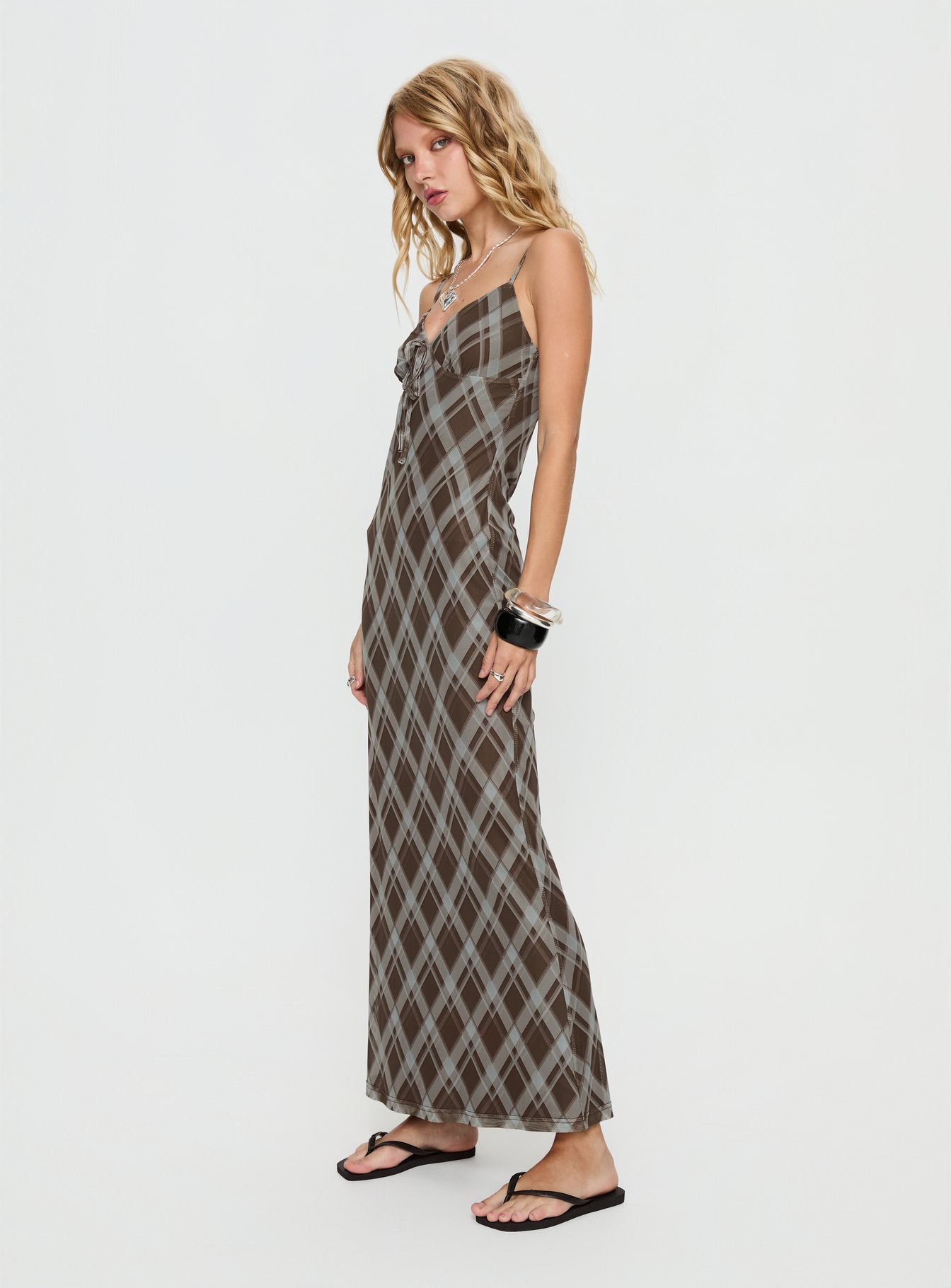 Idaline V Neck Maxi Dress Brown Check - Image 3