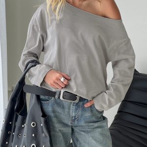 Karlyn Off Shoulder Long Sleeve Top Grey