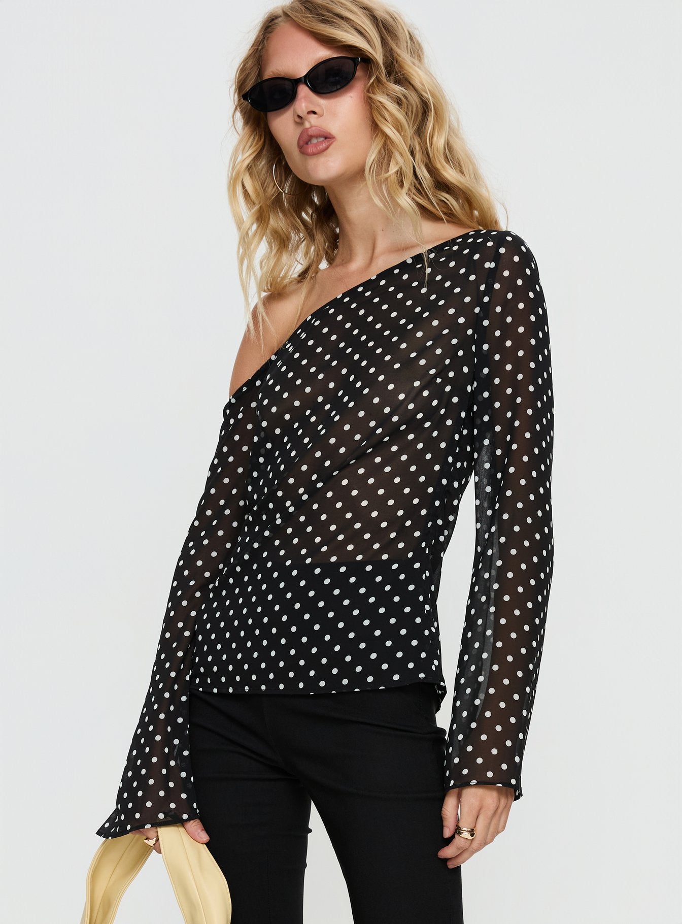 Shiona Sheer One Shoulder Long Sleeve Top Black Polka - Image 4