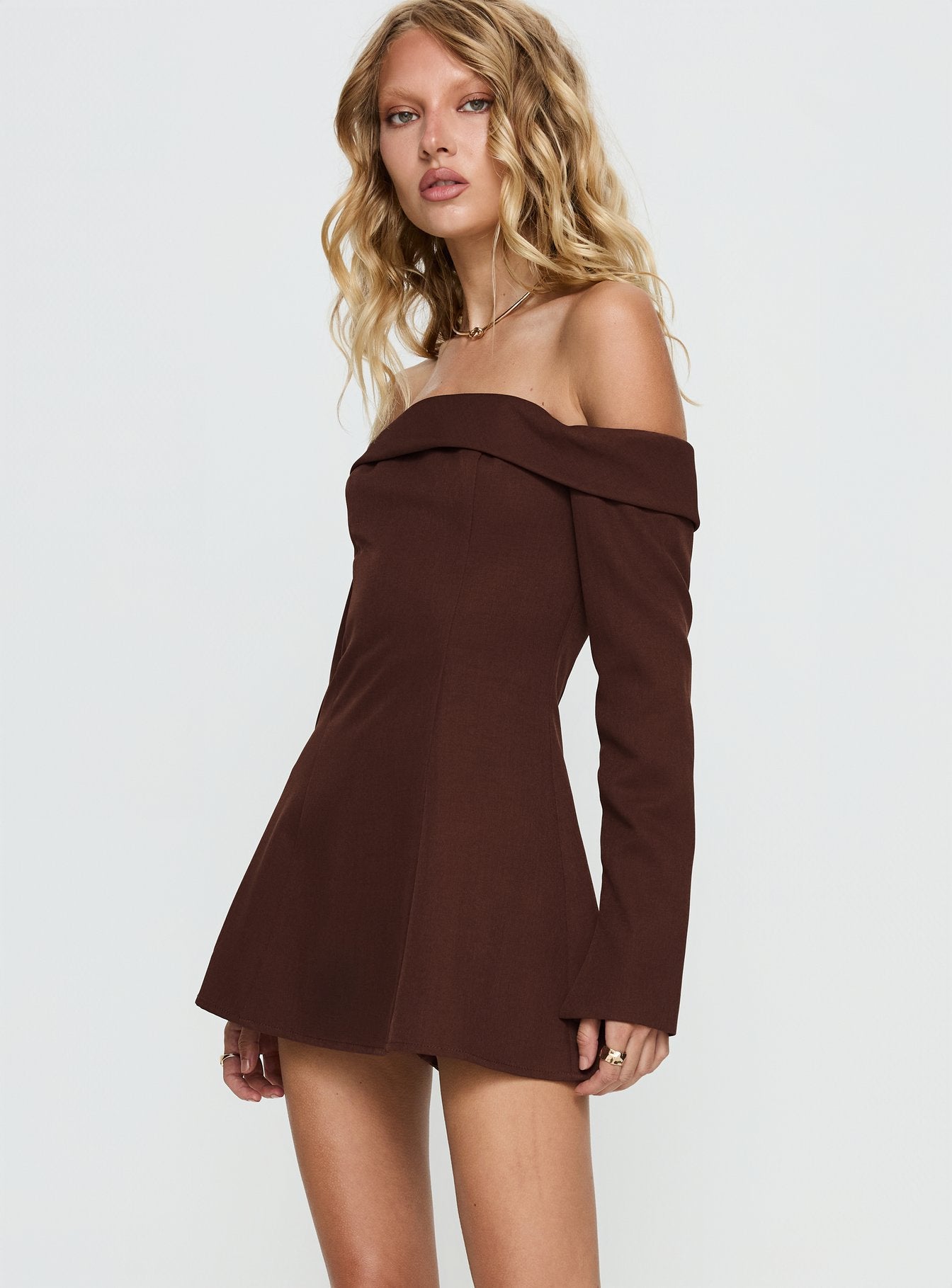 Daija Off Shoulder Long Sleeve Playsuit Brown - Image 3