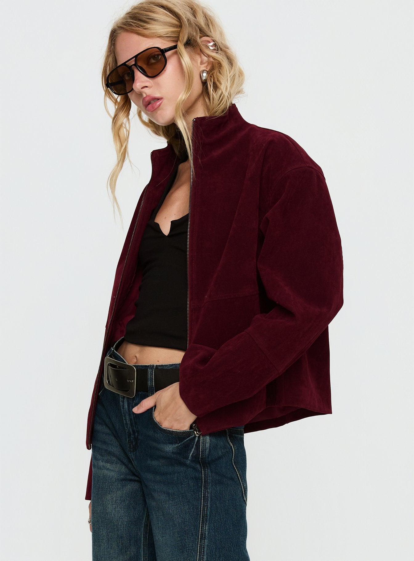 Jessalynn Faux Suede Zip Through Jacket Burgundy - Image 4