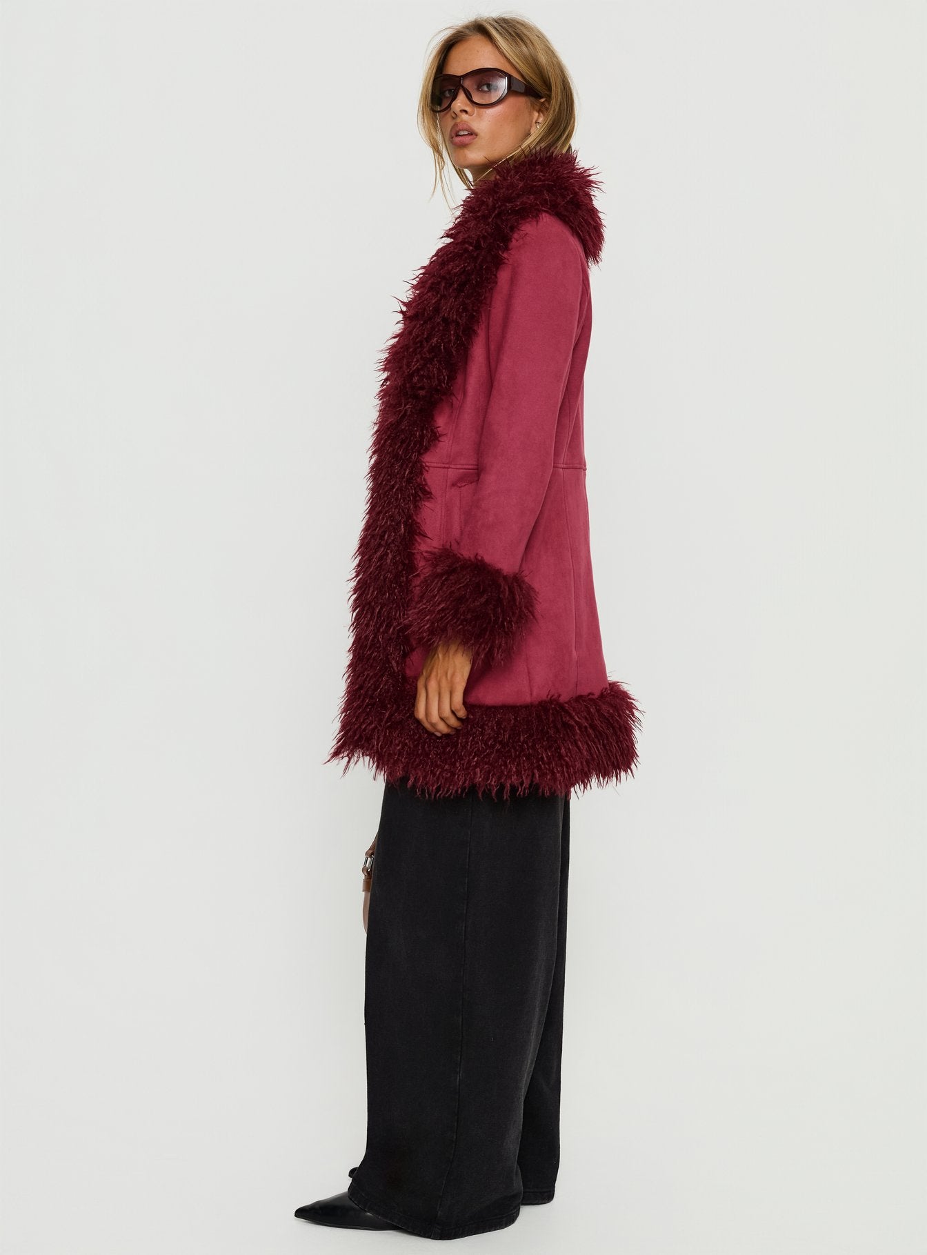 Josefina Faux Fur Detail Jacket Wine - Image 4