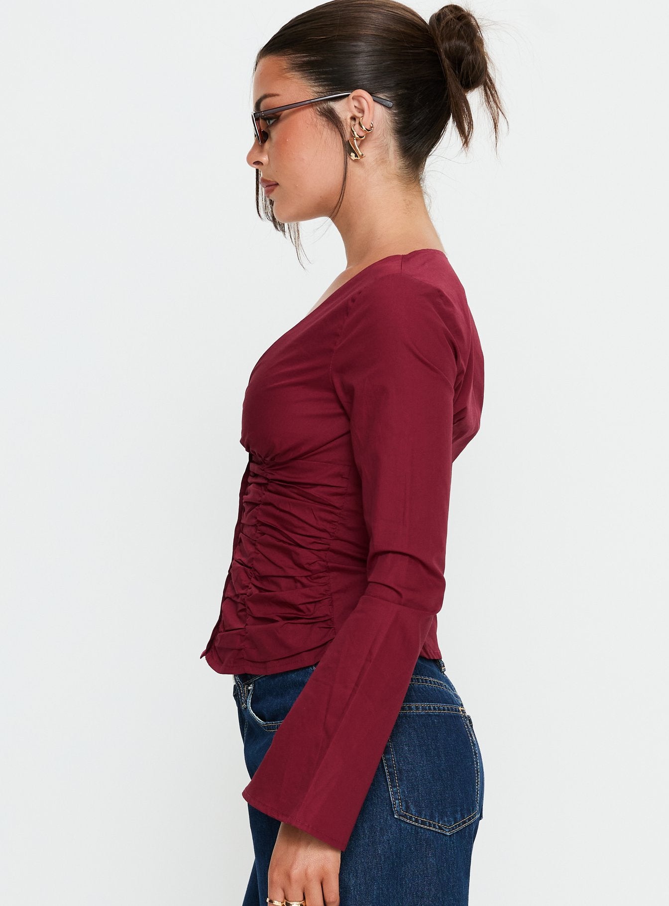 Zanetta Ruched Long Sleeve Top Burgundy - Image 3
