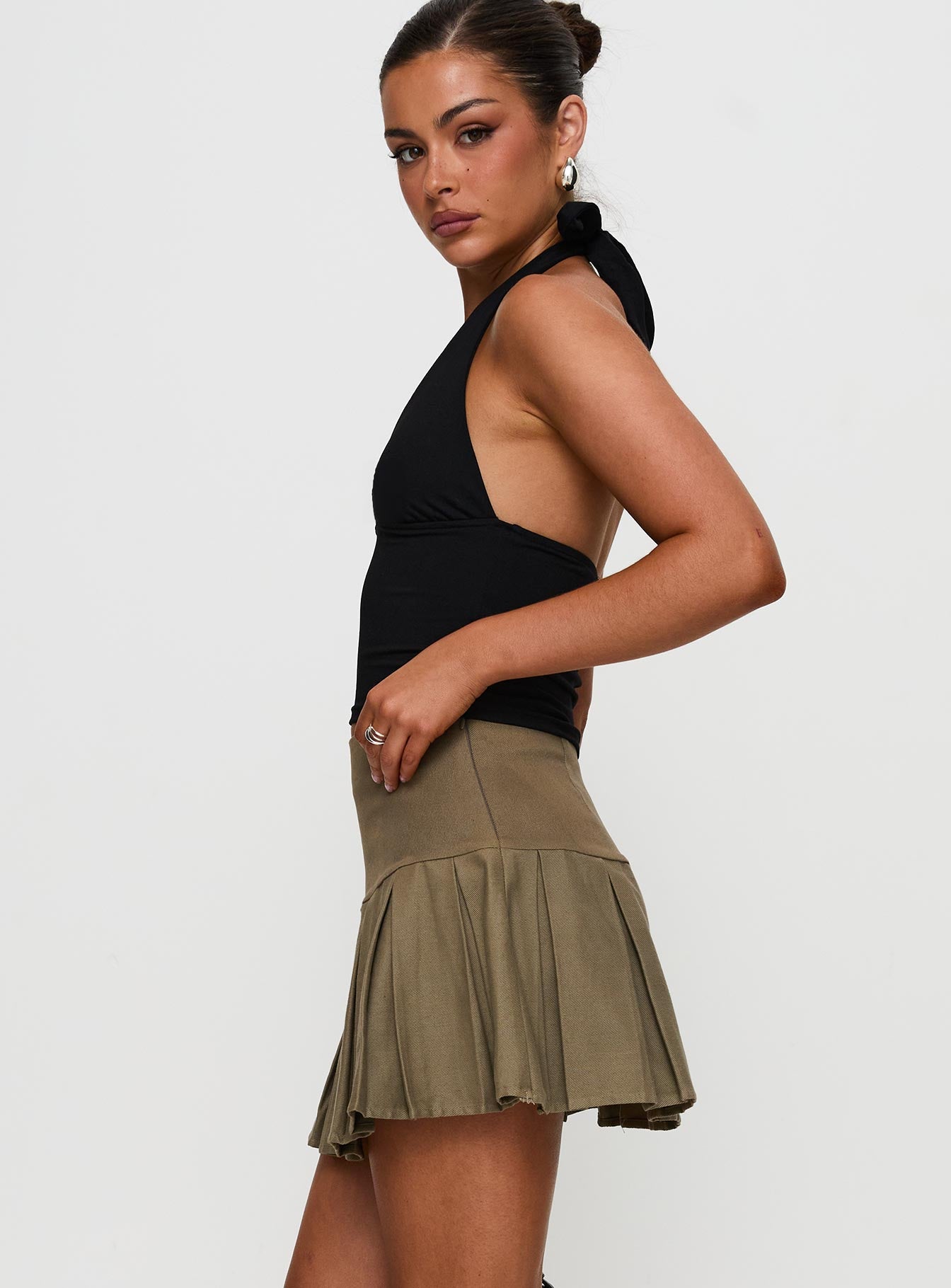 Feodora Pleat Mini Skirt Khaki - Image 3