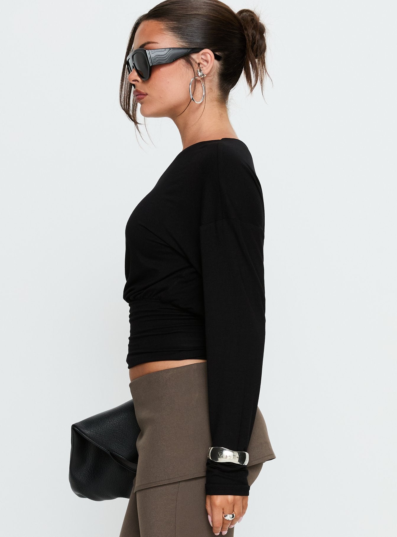 Ashlinn Off Shoulder Long Sleeve Drapey Top Black - Image 4