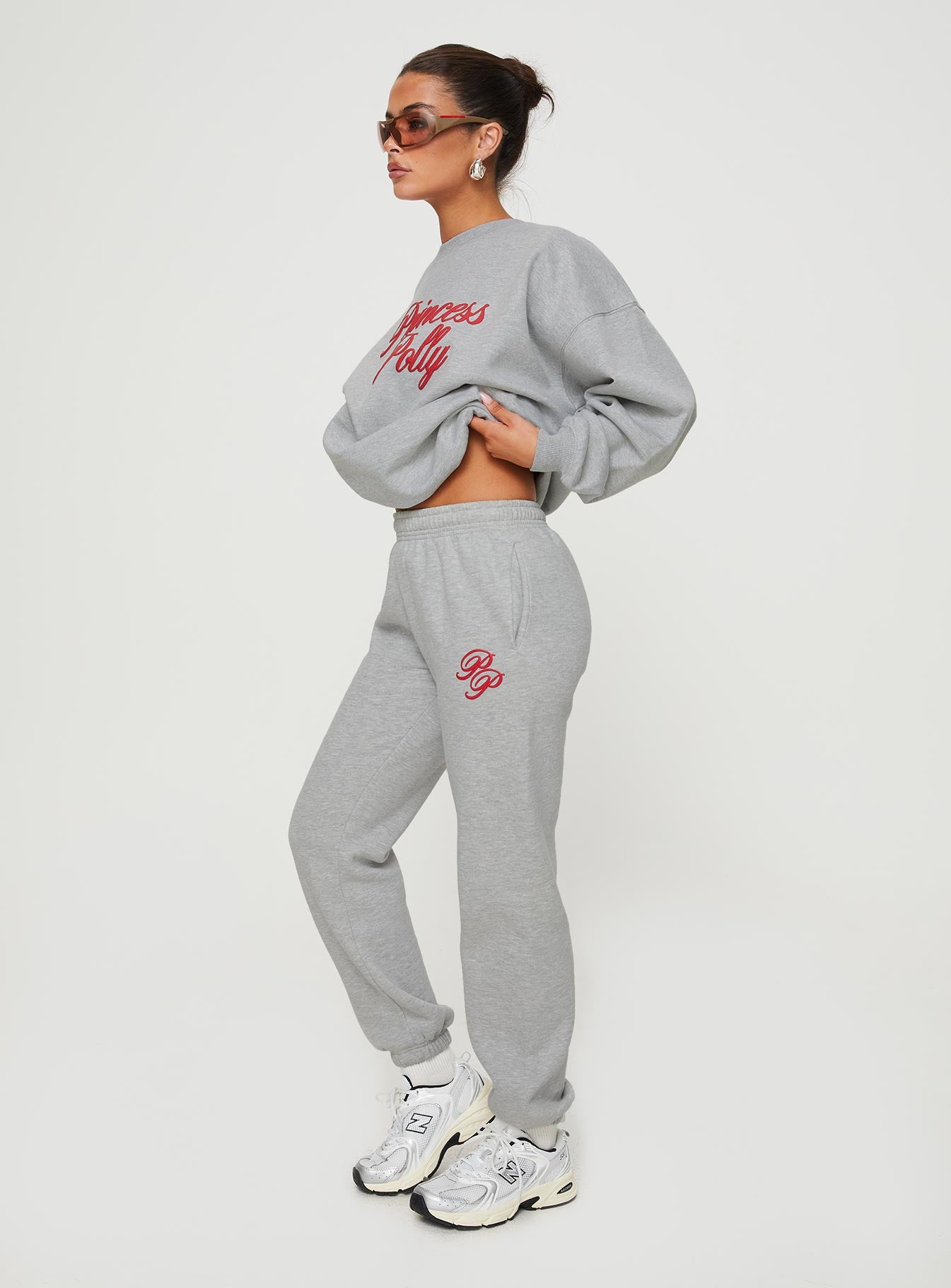 Princess Polly Track Pants Cursive Text Grey Marle/ Red - Image 4
