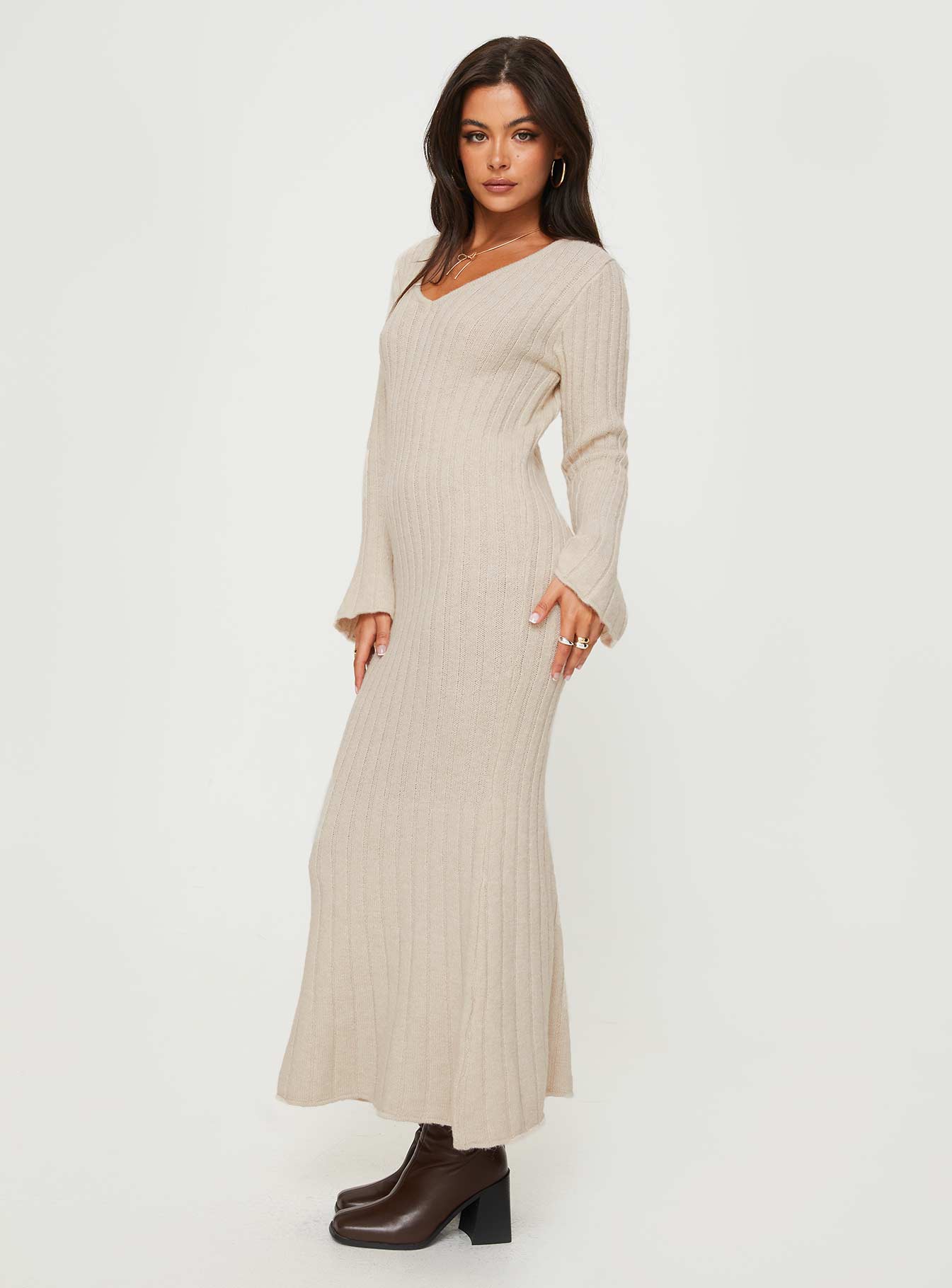 Larne Long Sleeve Maxi Dress Beige - Image 3