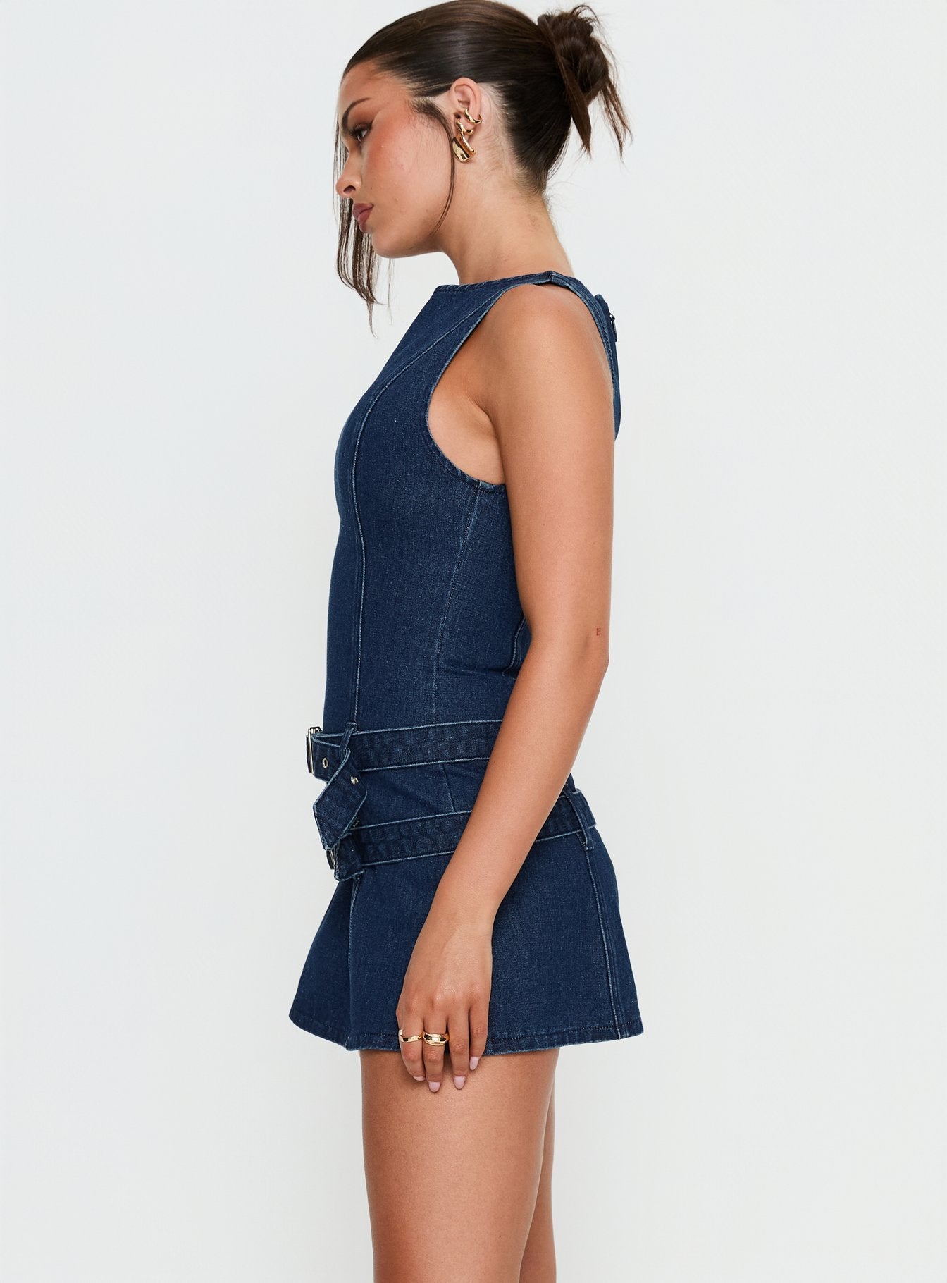 Kainer Denim Buckle Mini Dress Dark Blue Wash - Image 4