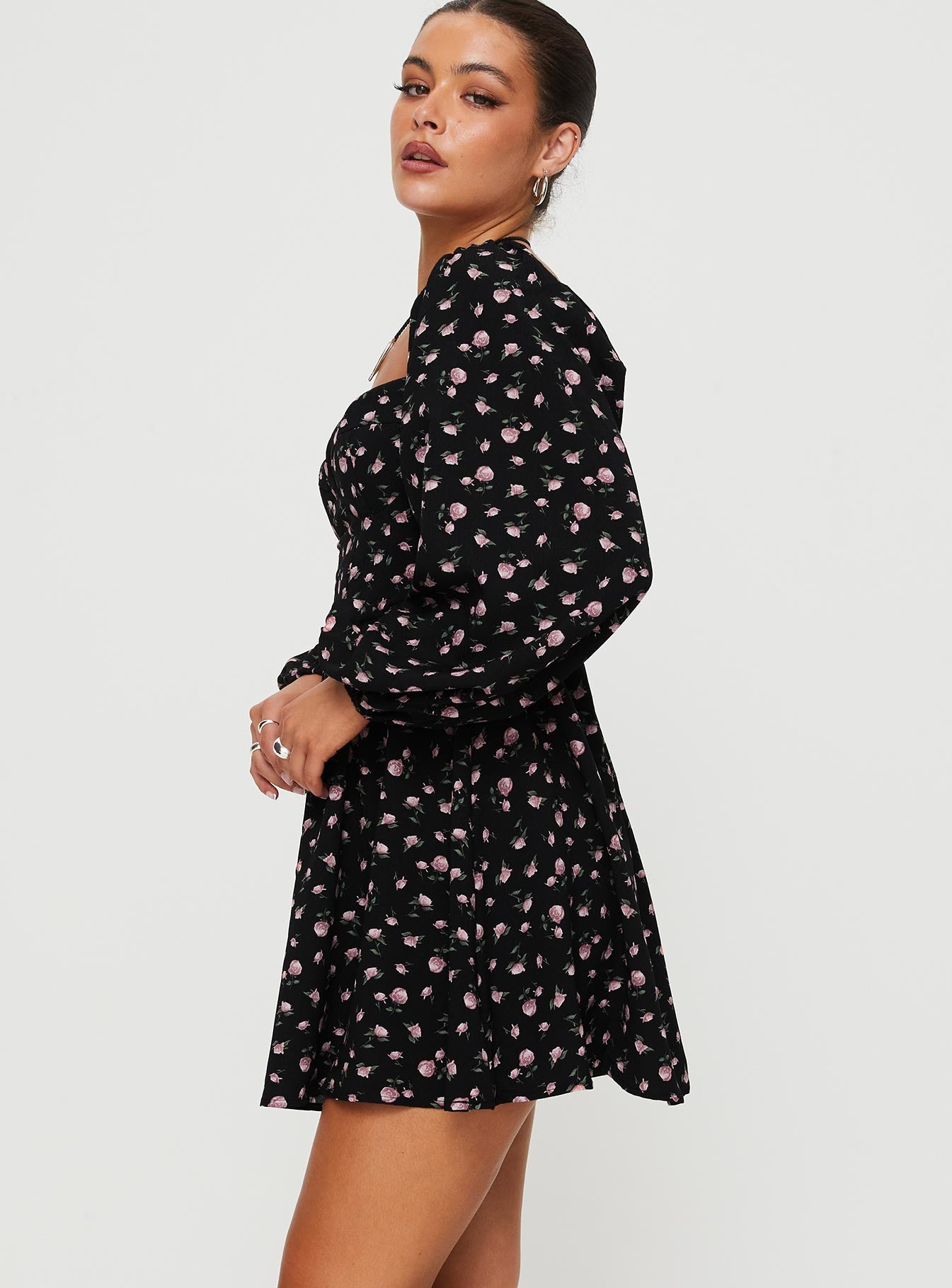 Darso Long Sleeve Mini Dress Black Floral - Image 4