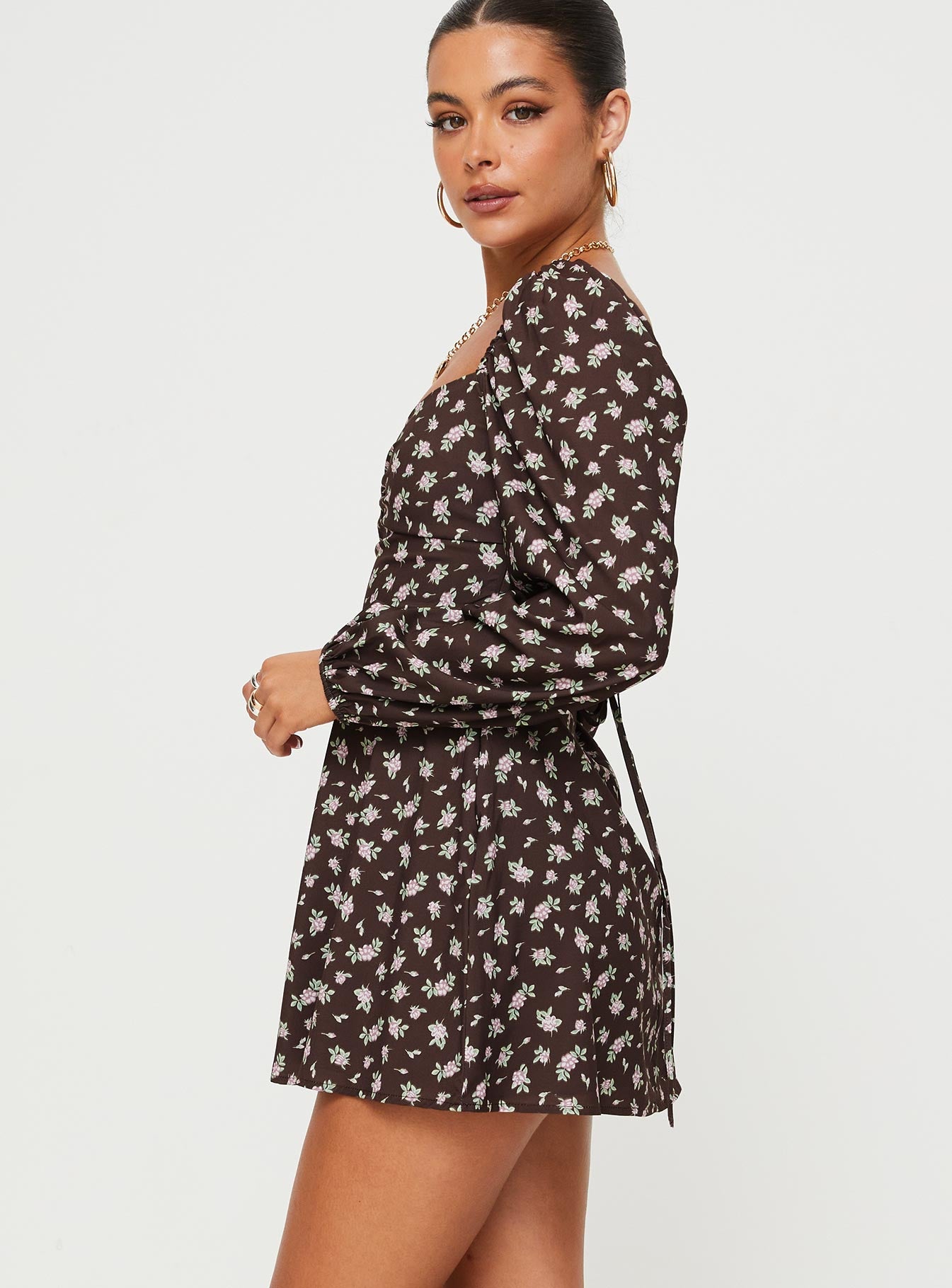 Landon Long Sleeve Mini Dress Brown Floral - Image 4
