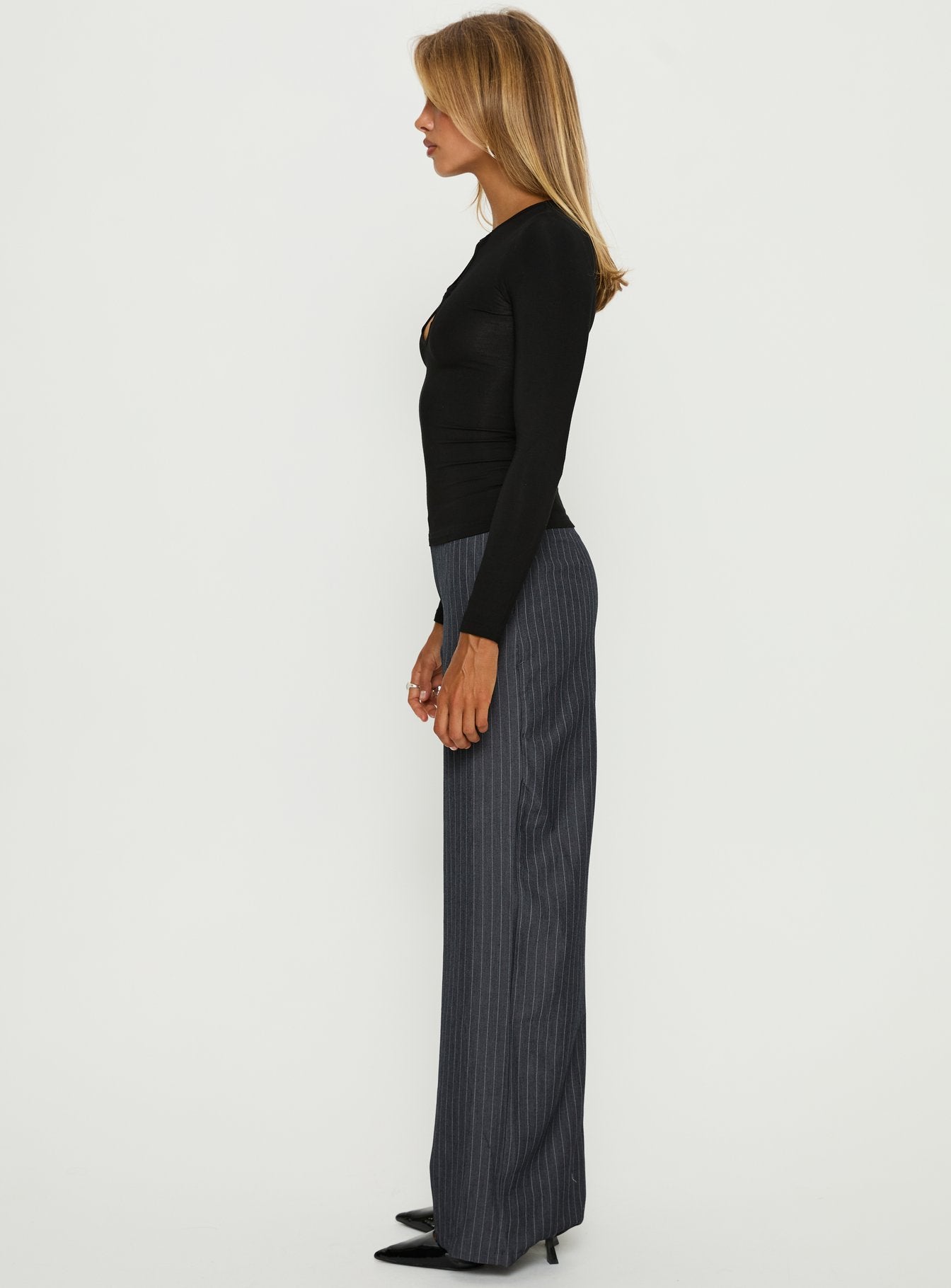 Khane Low Rise Wide Leg Pant Charcoal Pinstripe - Image 3