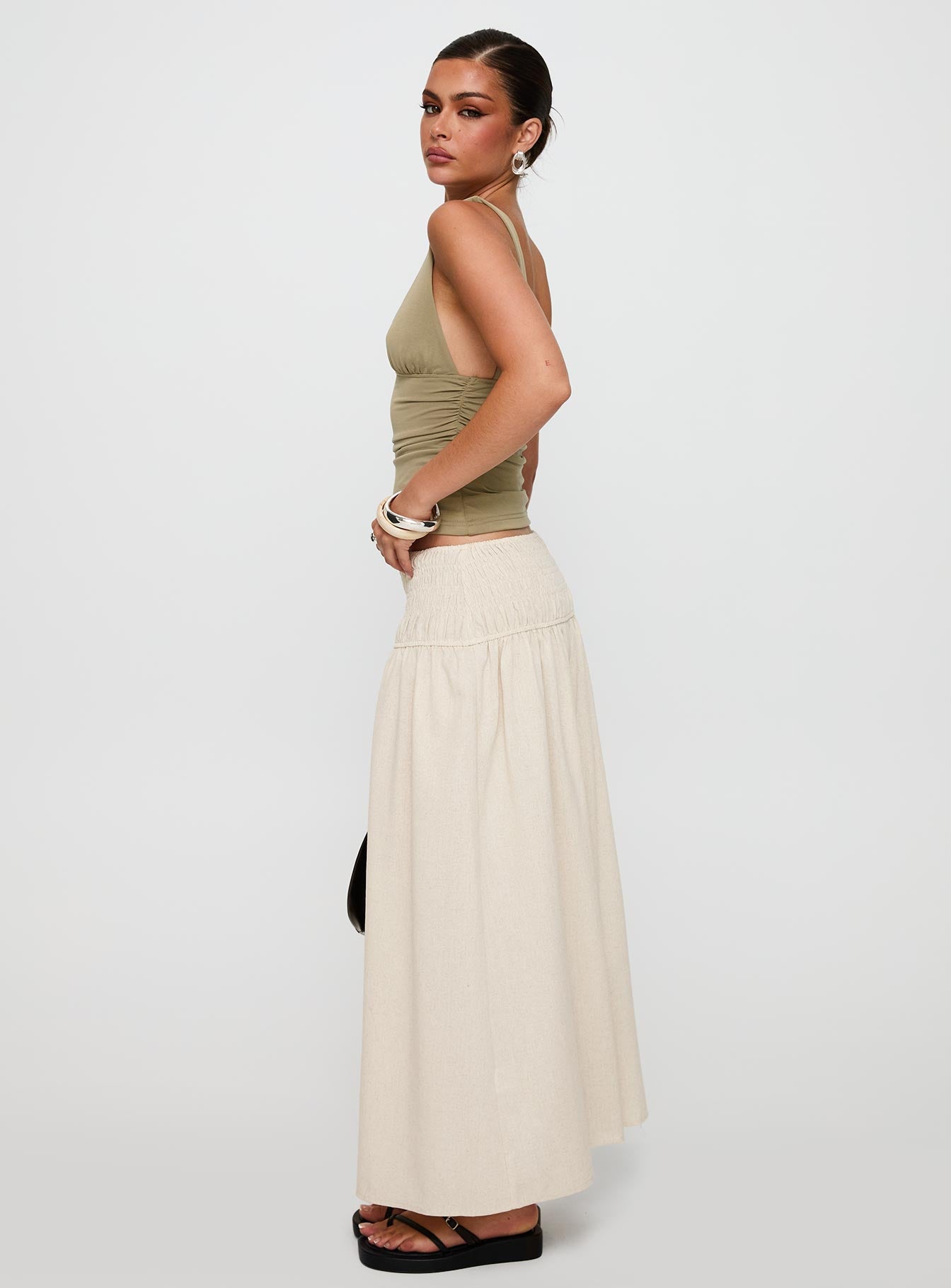 Small Towns Shirred Midi Skirt Beige - Image 3