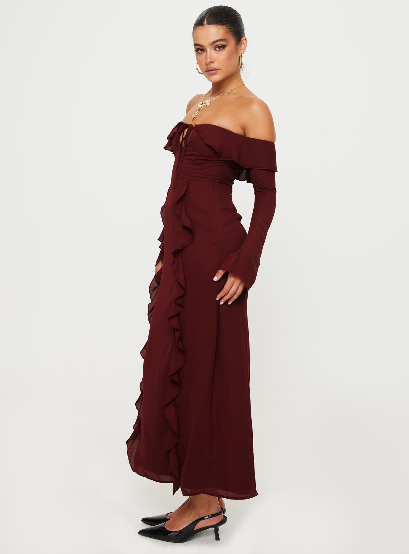 Molins Off The Shoulder Maxi Dress Burgundy - Image 4