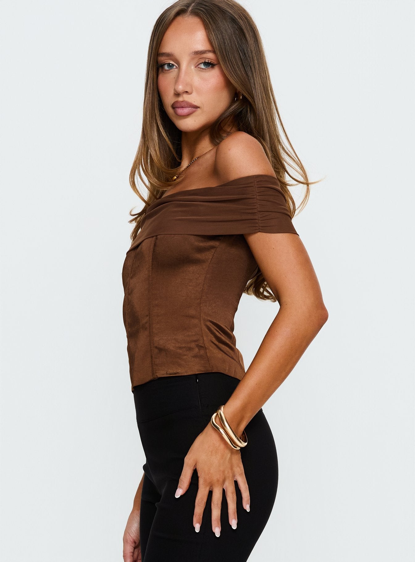 Kaari Off Shoulder Corset Top Chocolate - Image 3