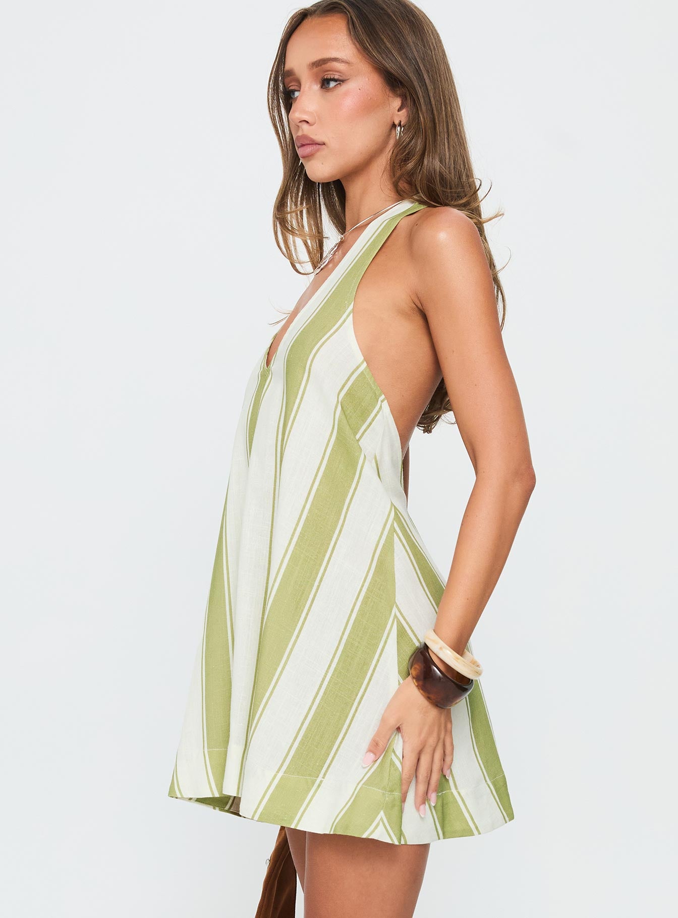 Khaia Halter Mini Dress Green / Cream Stripe - Image 3