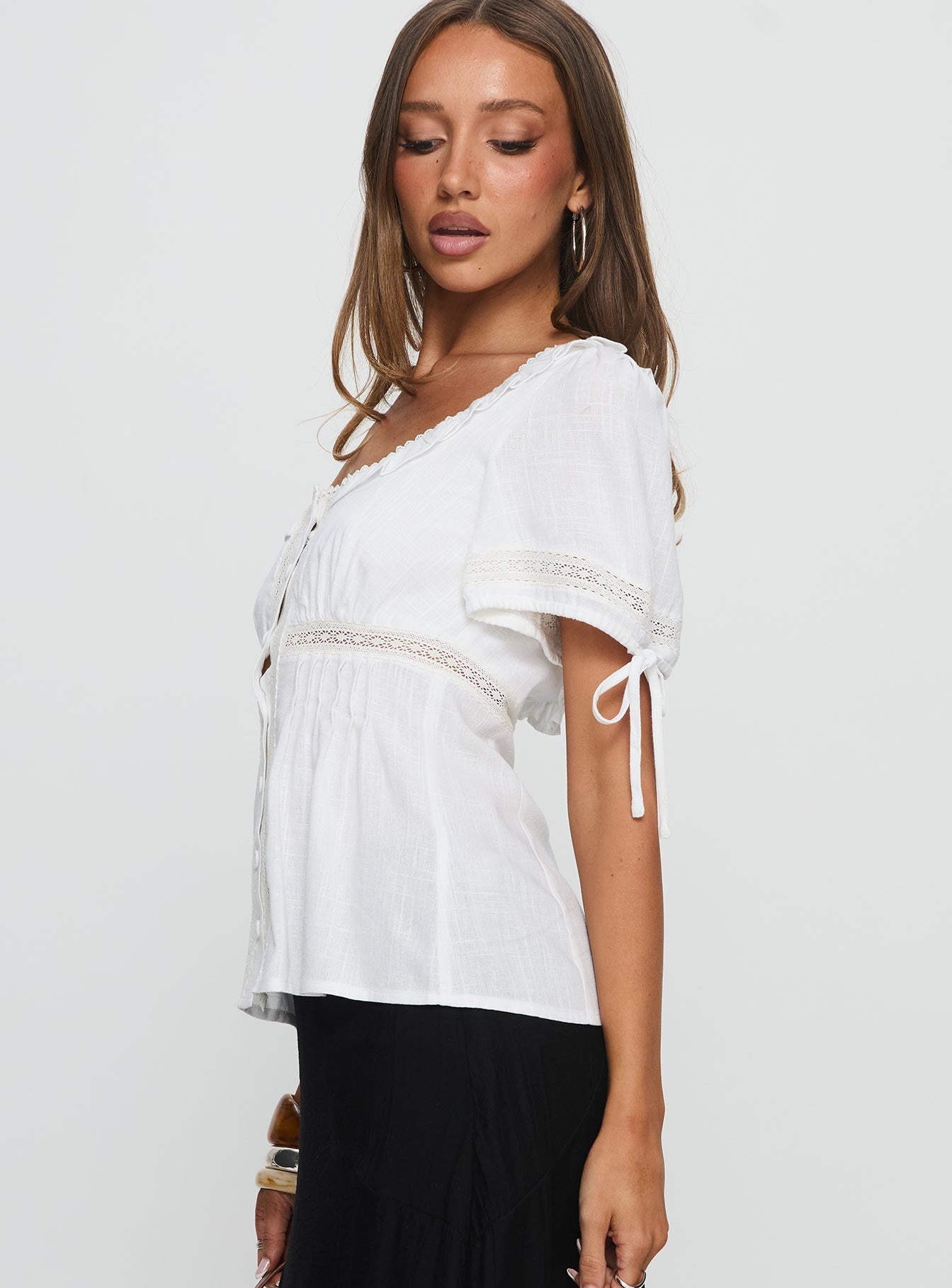 Indianah Pleat Lace Panel Blouse Top White - Image 4