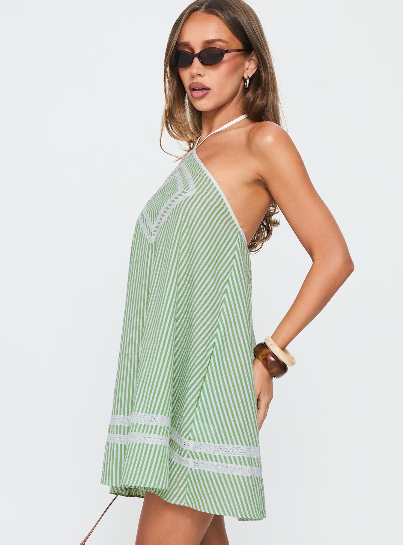 River Rose Anglais Swing Mini Dress Green Stripe - Image 4