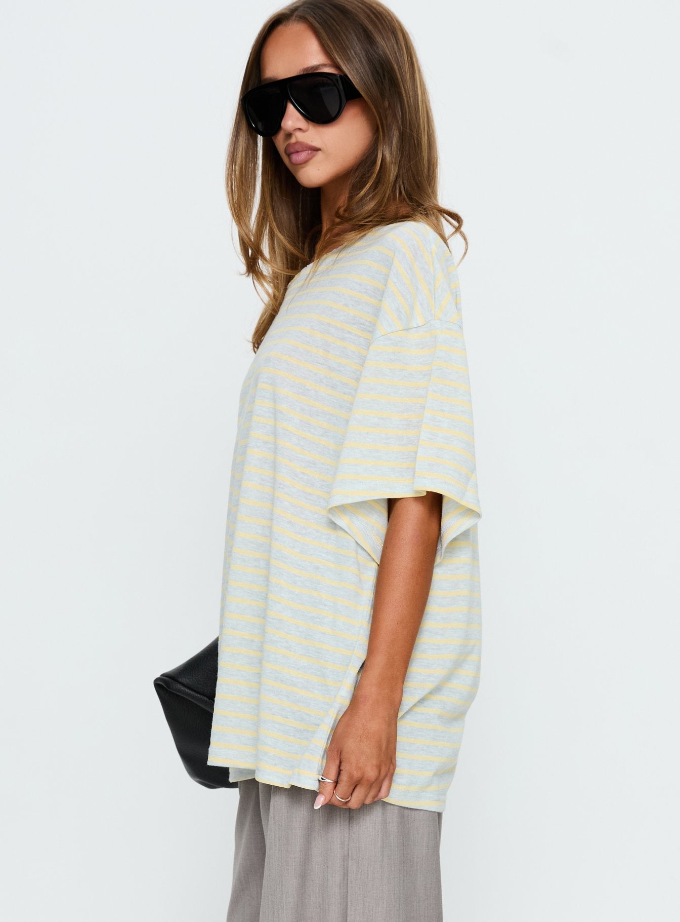 Winny Off Shoulder Tee Grey Marle / Lemon Stripe - Image 4