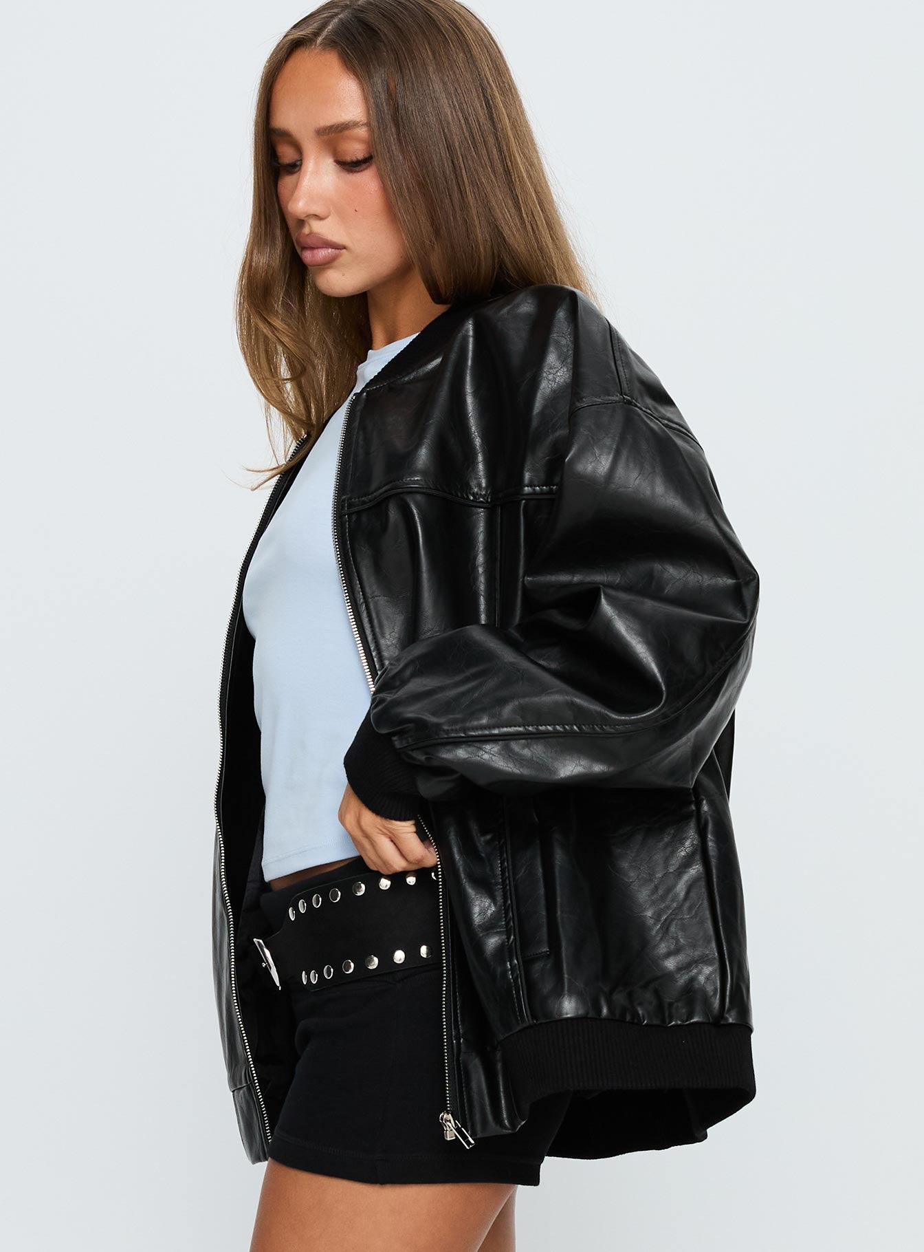 Believe It Faux Leather Bomber Jacket Black - Image 4