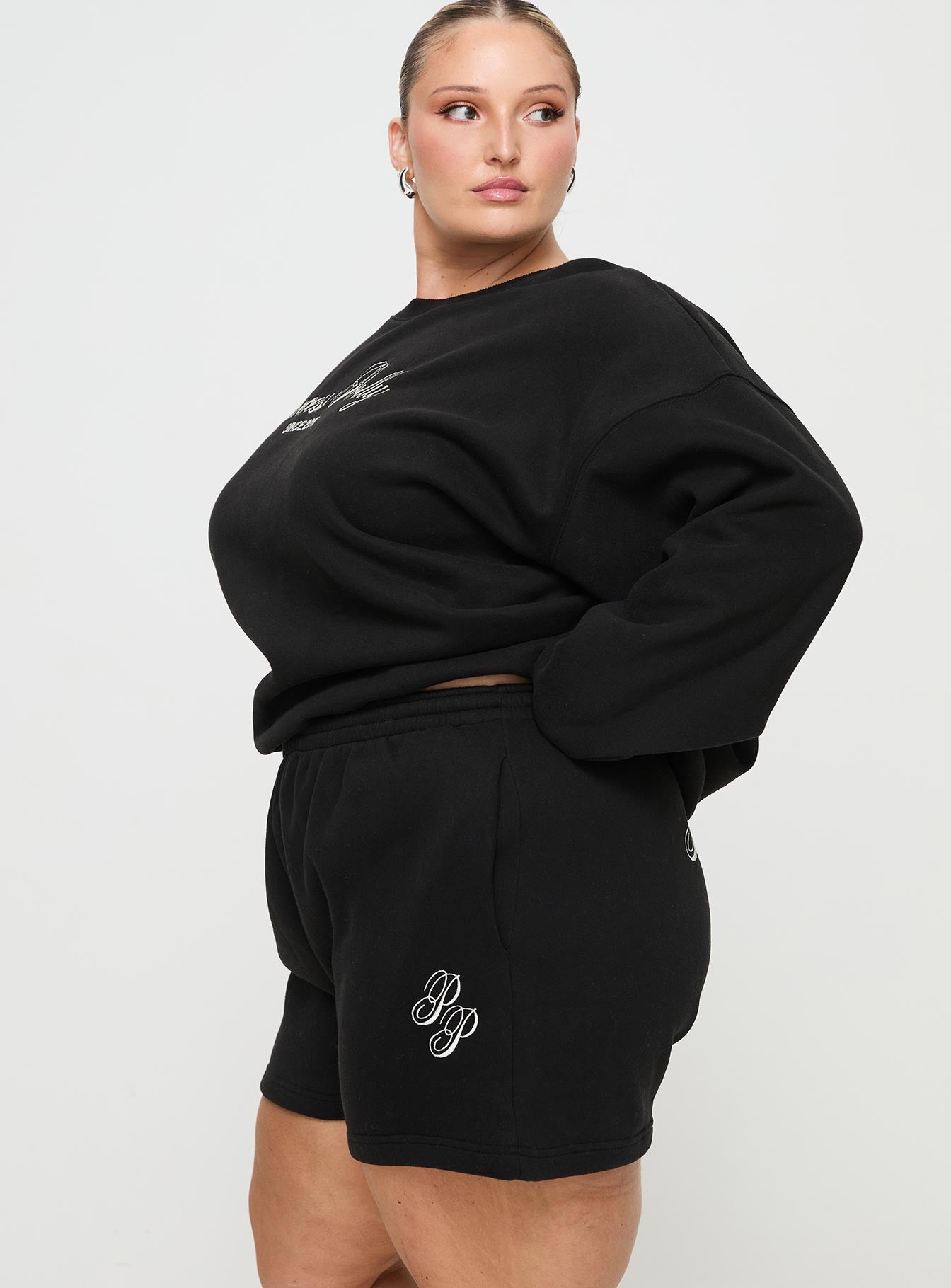 Princess Polly Track Shorts Cursive Text Black Sand Curve - Image 4