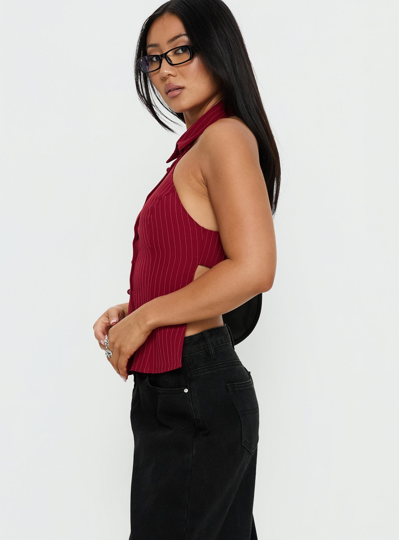Roanne Backless Collared Top Red Stripe - Image 4