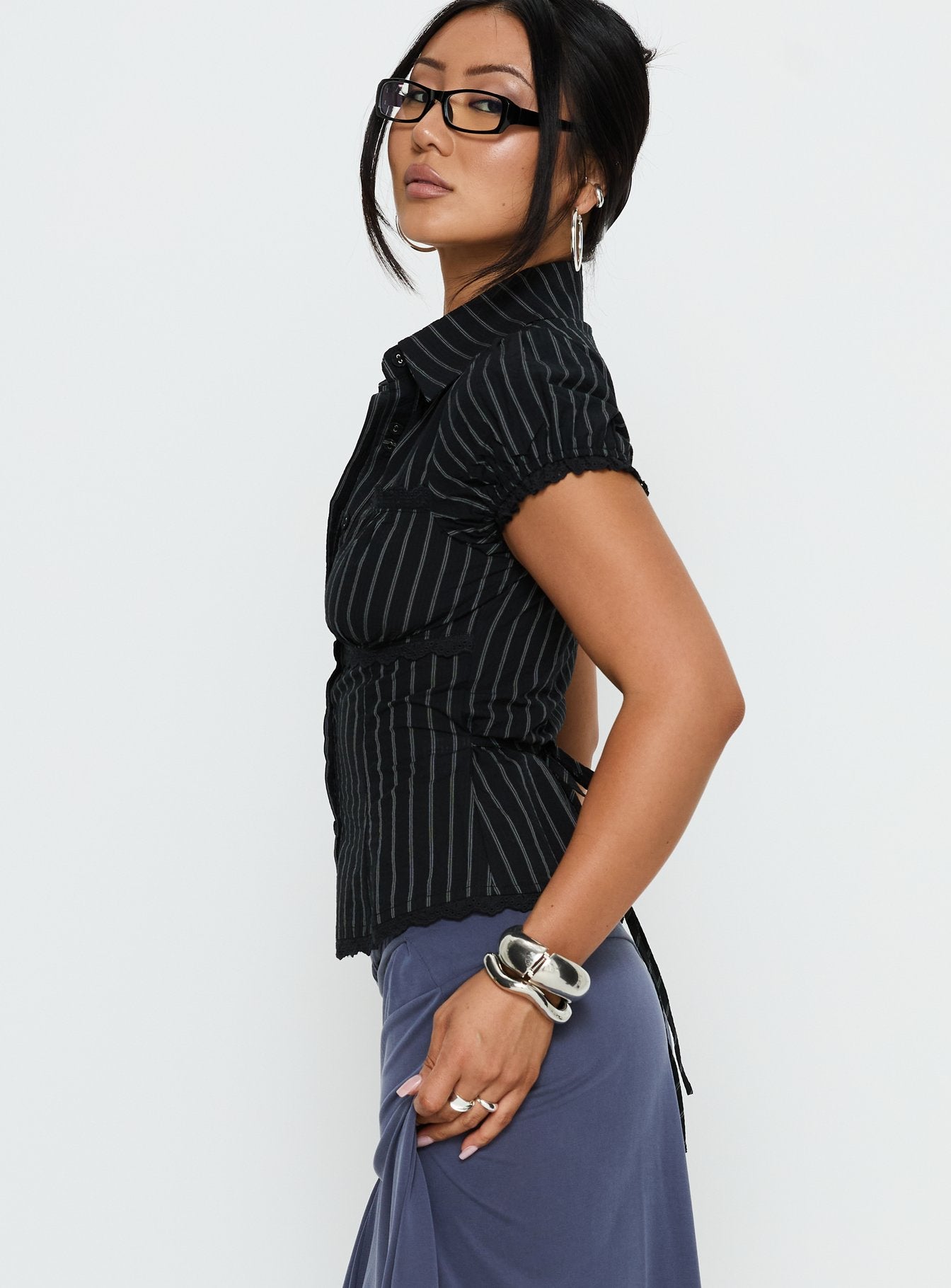 Deserve You Puff Sleeve Button Front Top Black Stripe - Image 4