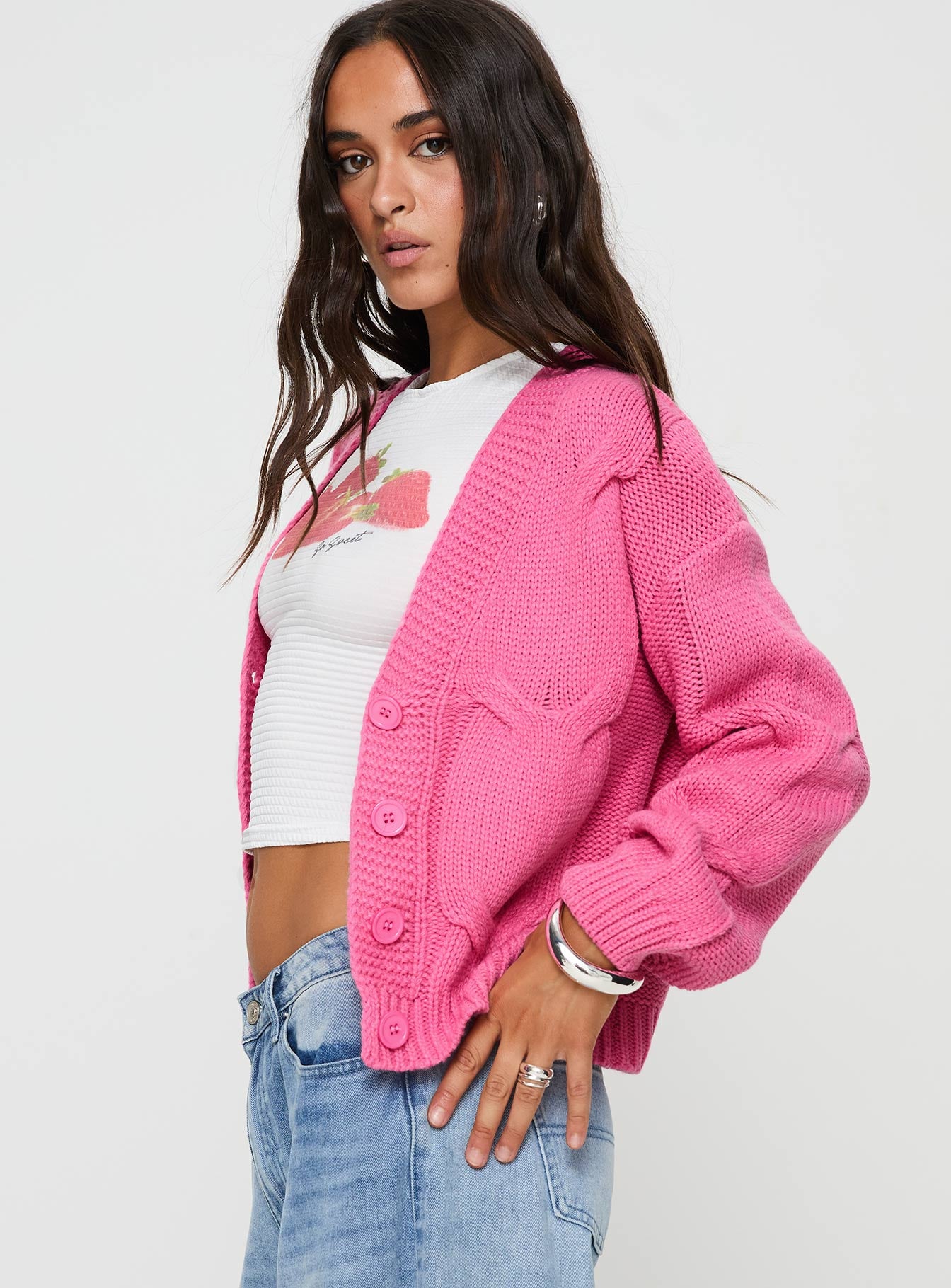 Kinzley Cable Knit Cardigan Pink - Image 3