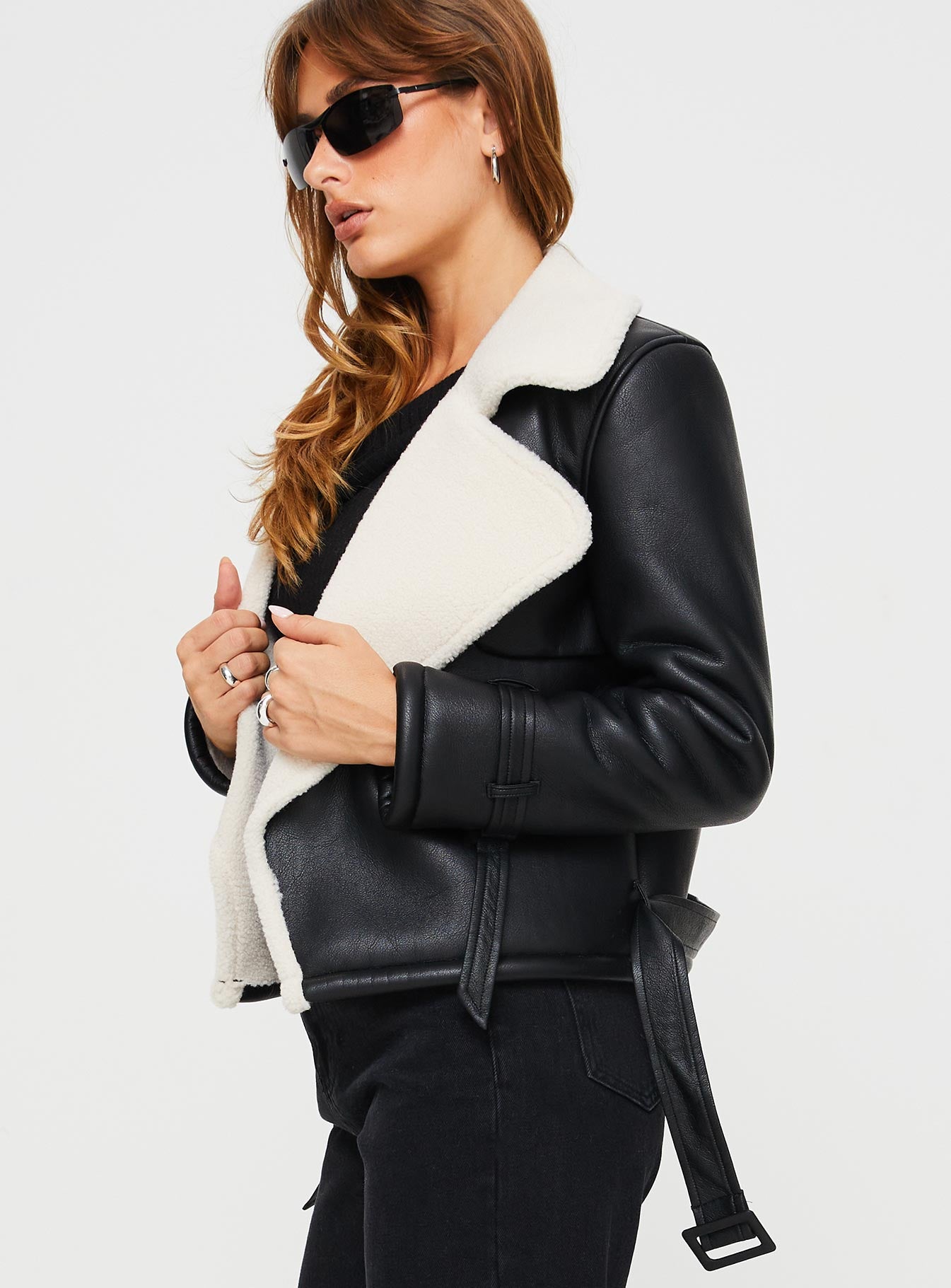Nathalia Shearling Aviator Jacket Black - Image 4