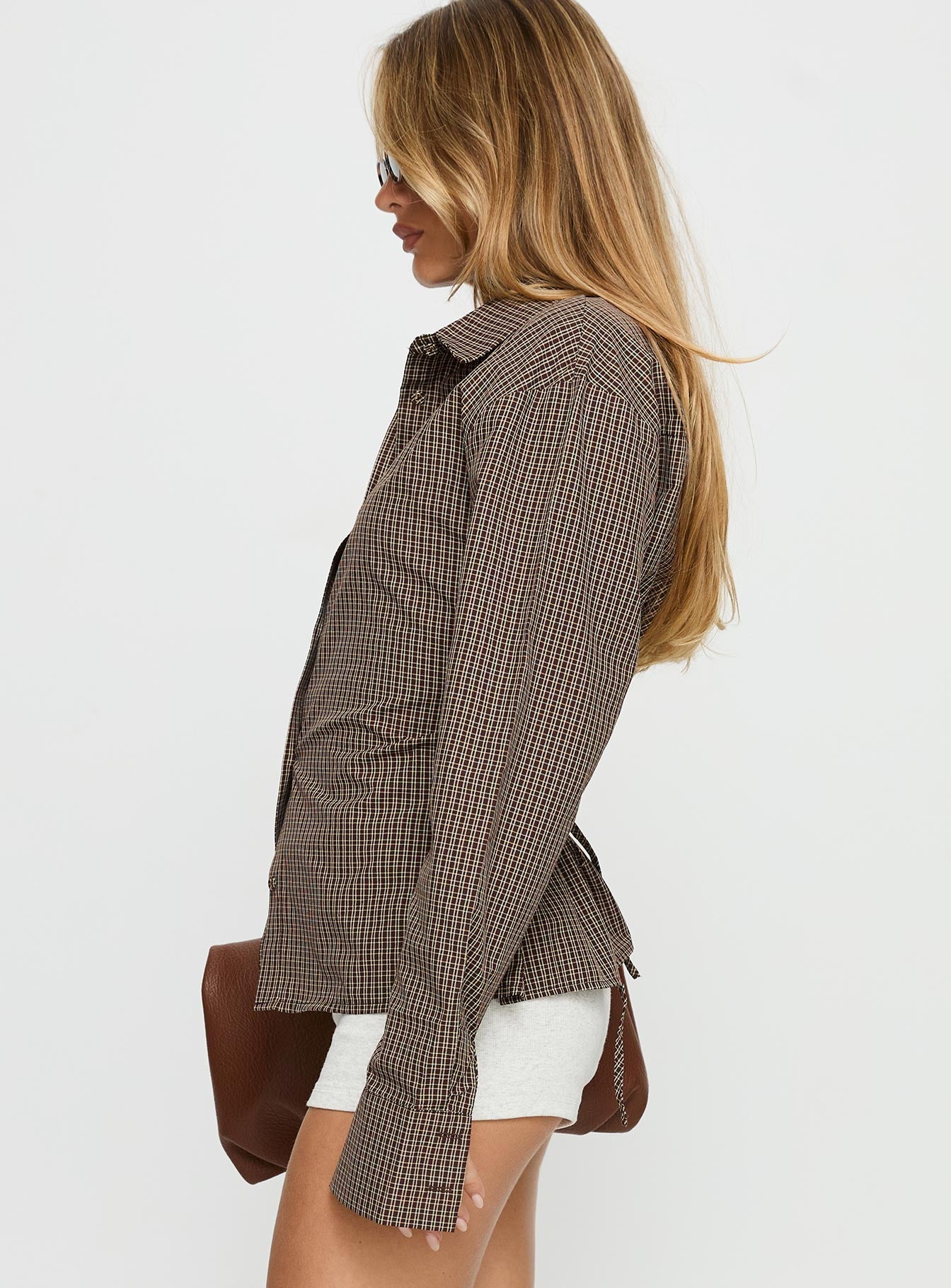 Xinia Tie Waist Long Sleeve Shirt Brown Check - Image 3
