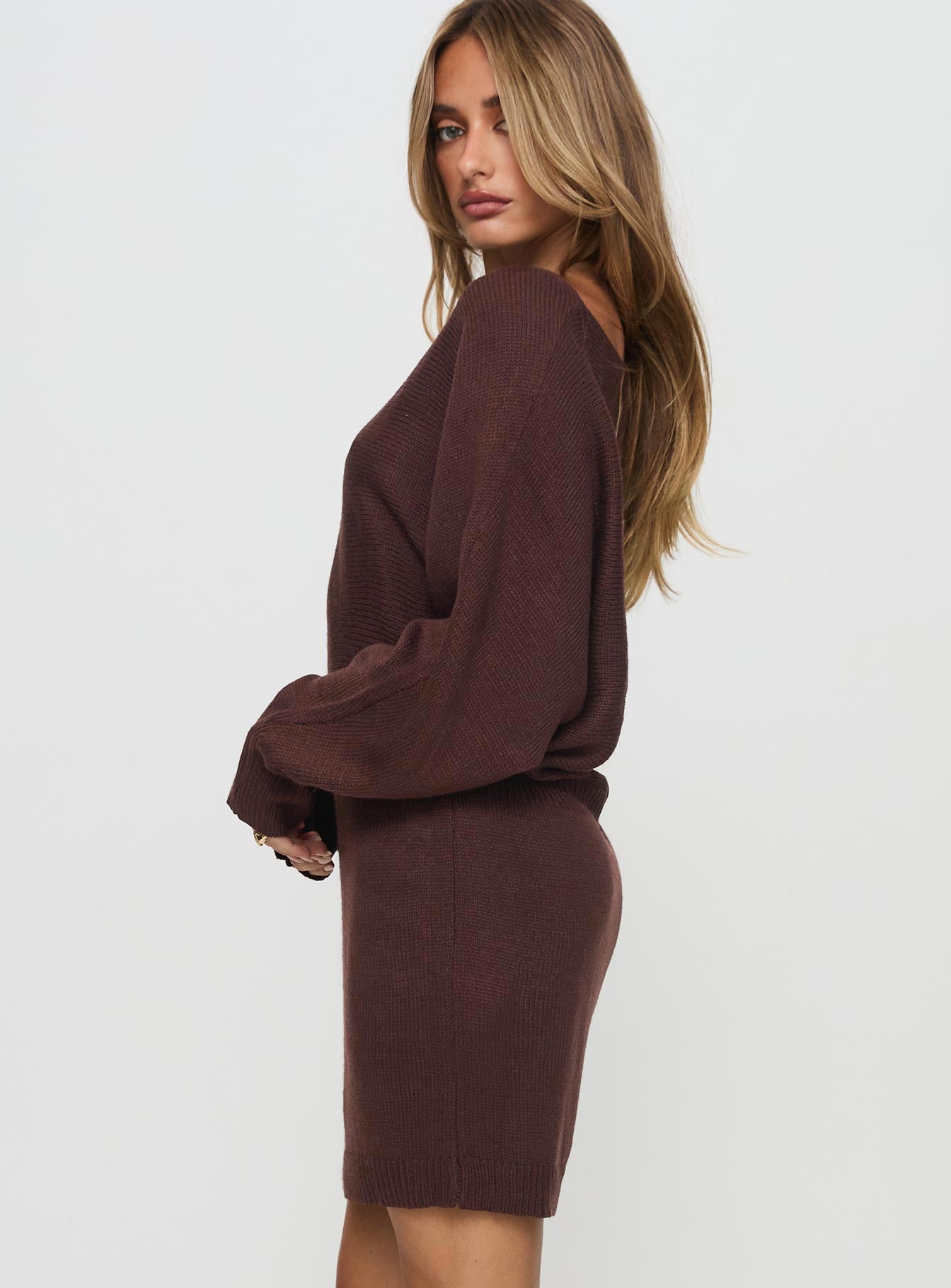 Bellamie Long Sleeve Mini Dress Chocolate - Image 4