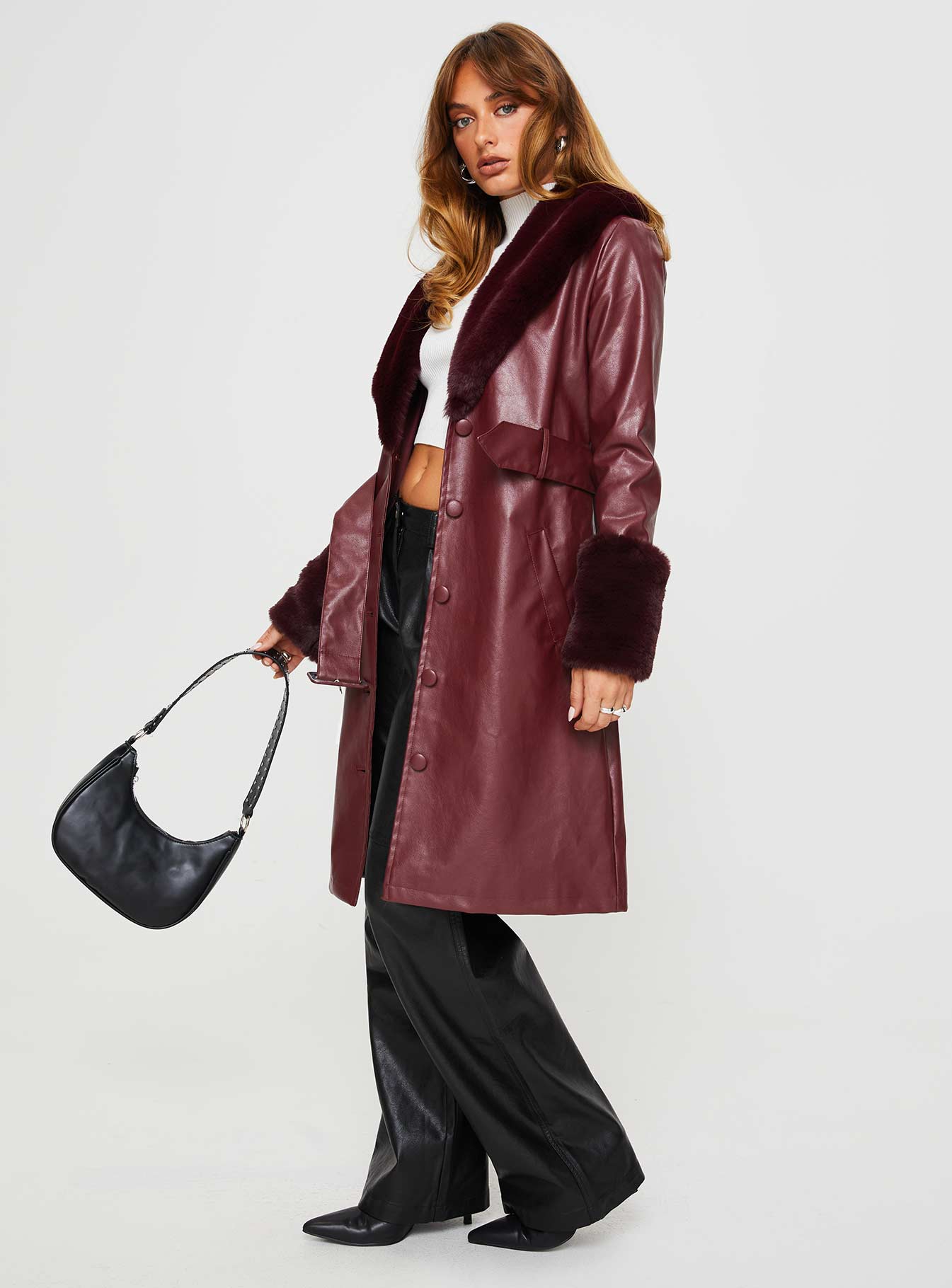 Brooklyn Faux Leather Longline Coat Burgundy - Image 3