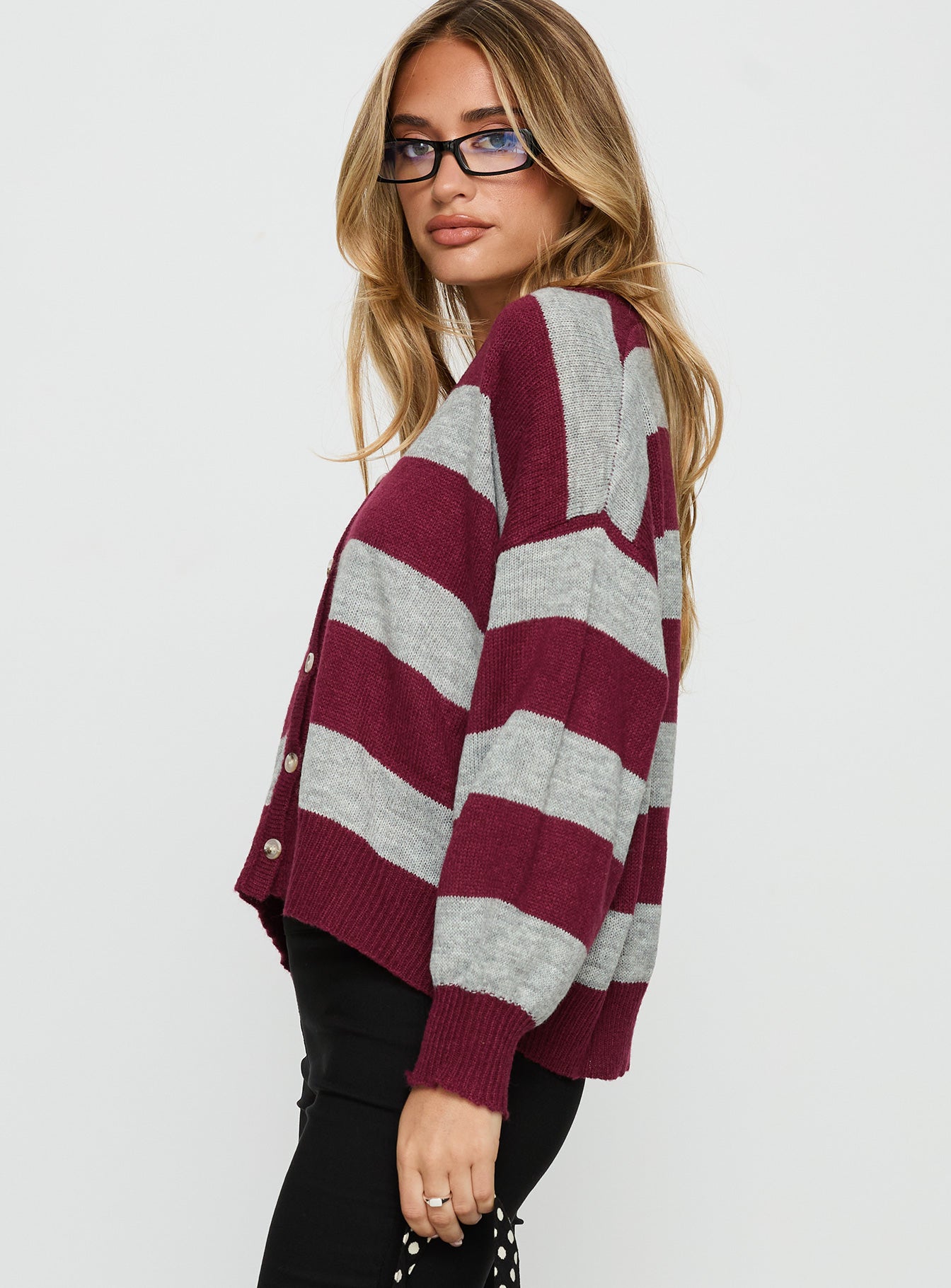 Devvon V Neck Knit Cardigan Red Stripe - Image 3