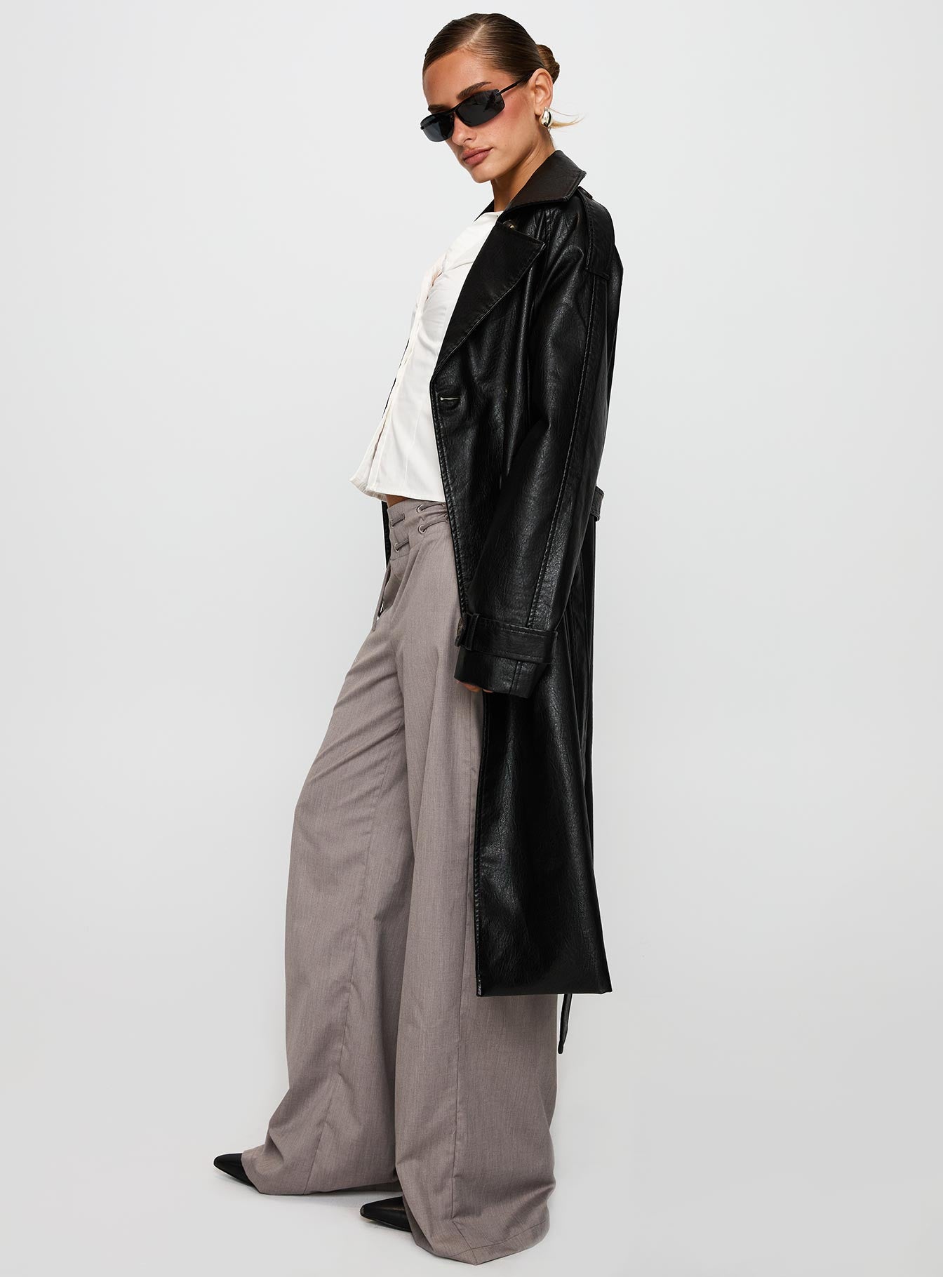 Think Later Faux Leather Trench Coat Black - Image 4
