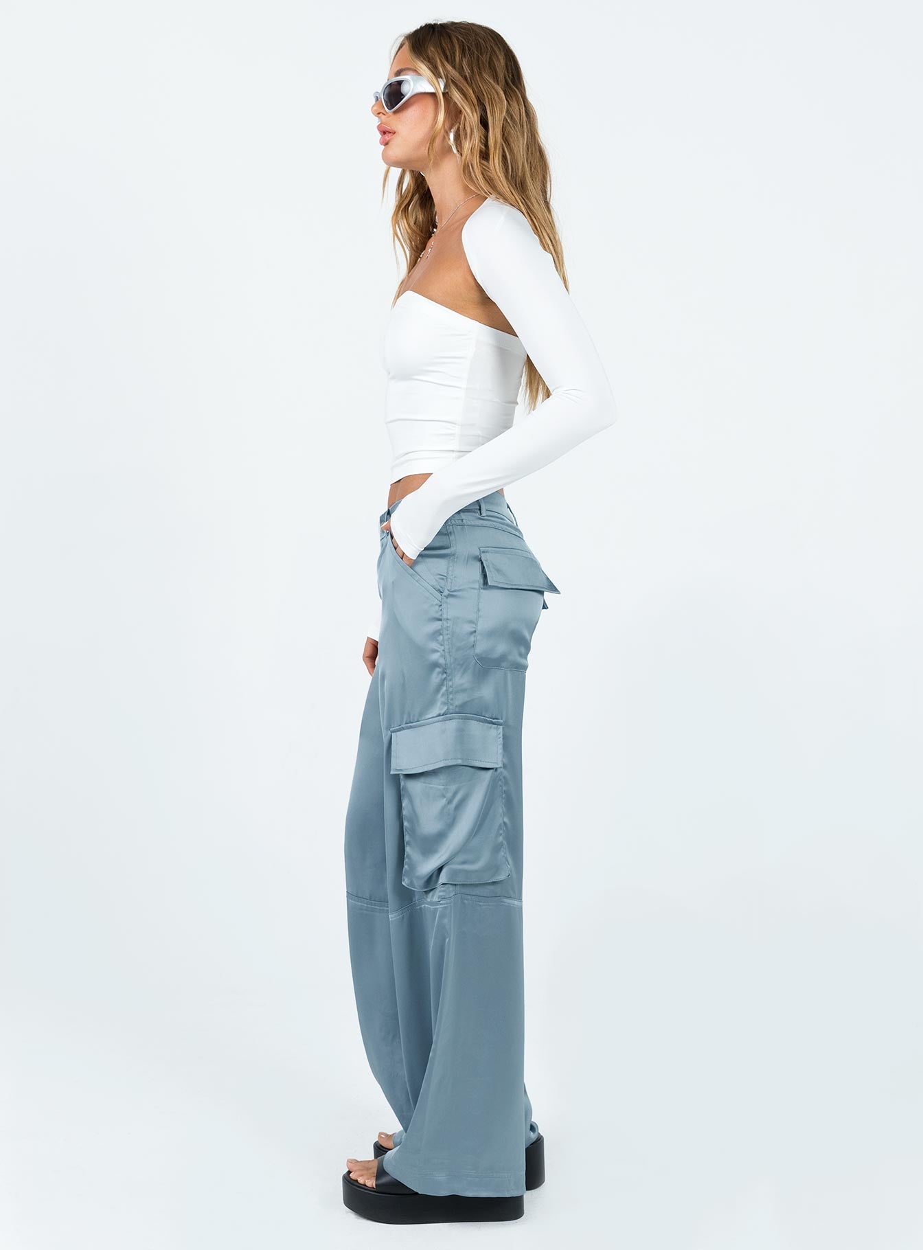 Zora Satin Cargo Pant Blue - Image 3