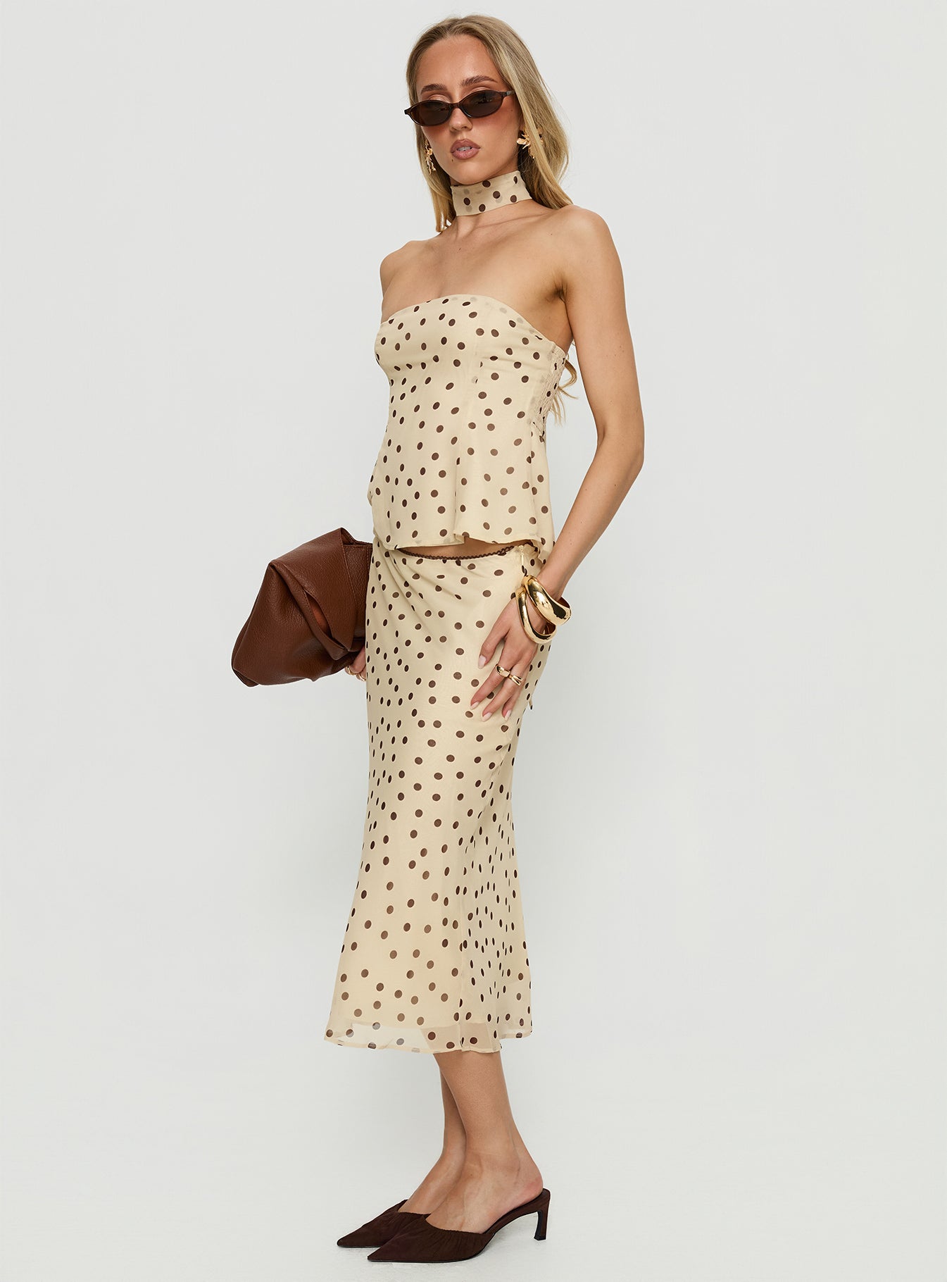 Sydni Midi Bias Cut Skirt Yellow / Chocolate Polka - Image 4