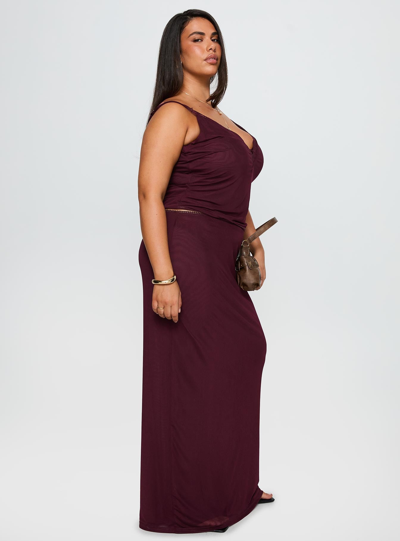 Reiko Lace Trim Tie Front Maxi Set Burgundy Curve - Image 4