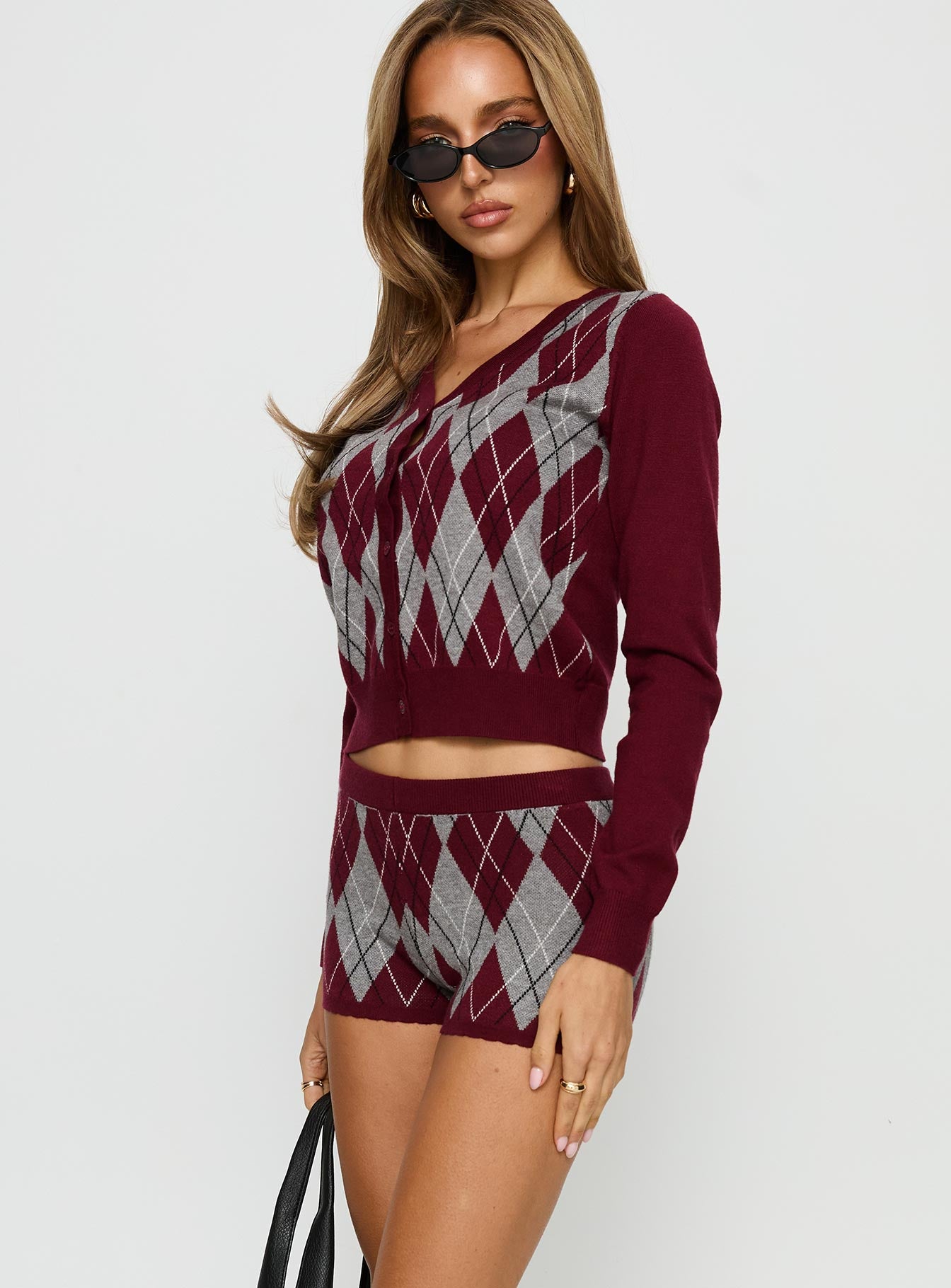 Raiven Knit Shorts Burgundy Argyle - Image 4
