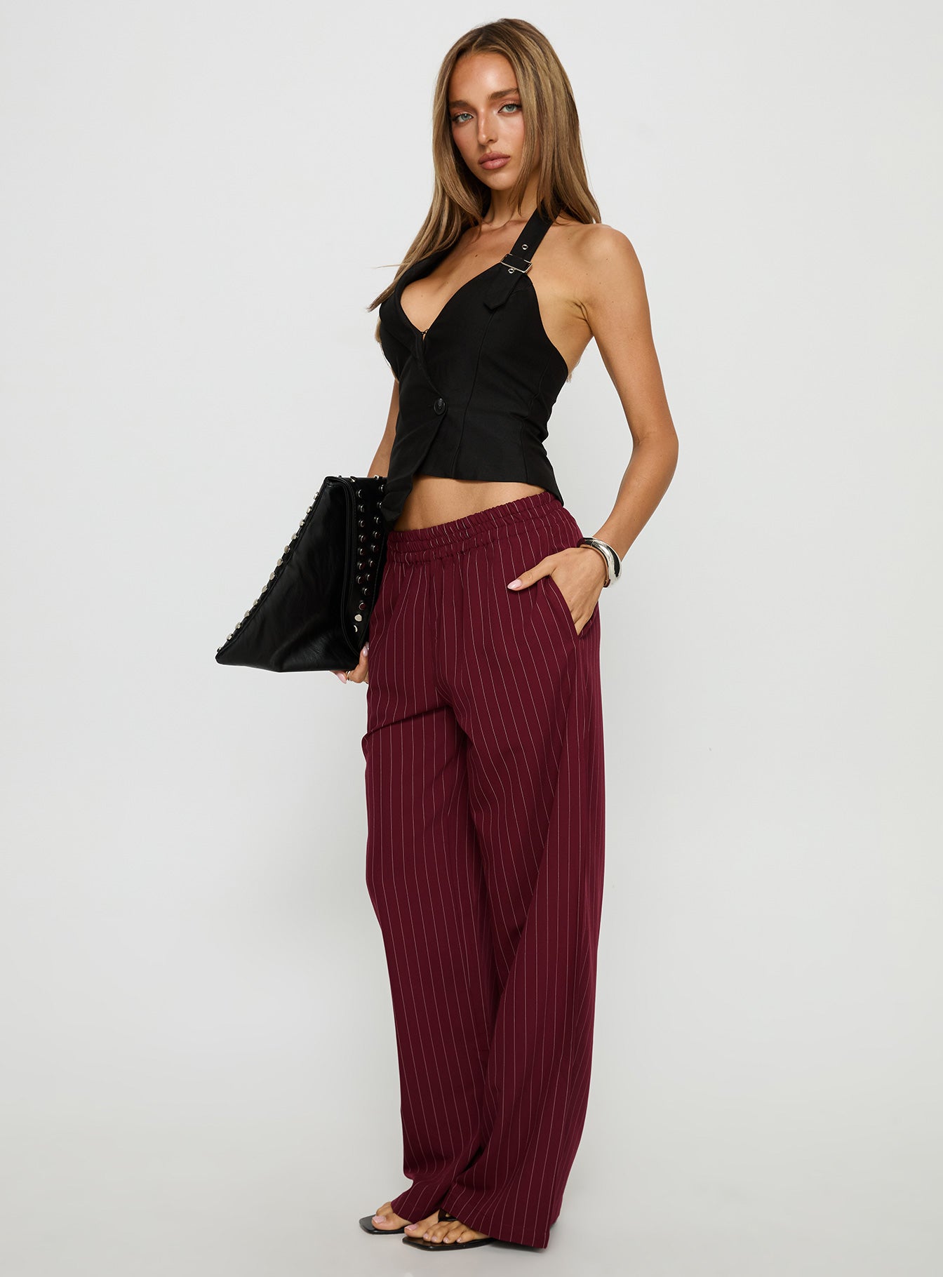 Jaysa Baggy Wide Leg Pant Burgundy Pinstripe - Image 3